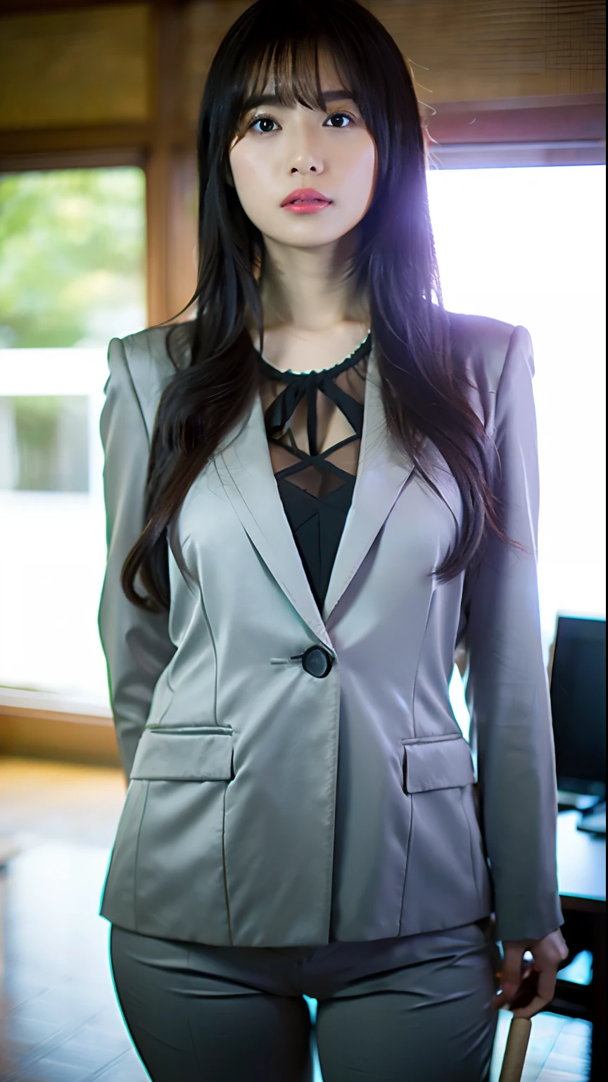 (top-quality、8K、32K、masterpiece、nffsw:1.2)、1girl in、beautiful japanese female、big breasts thin waist、Gray suit、White shirt、Open jacket、OL、Suits、trouser、from the rear、Office、desk work、(stick out buttocks:1.2)、详细的脸、shorth hair、frombelow、Raise one leg