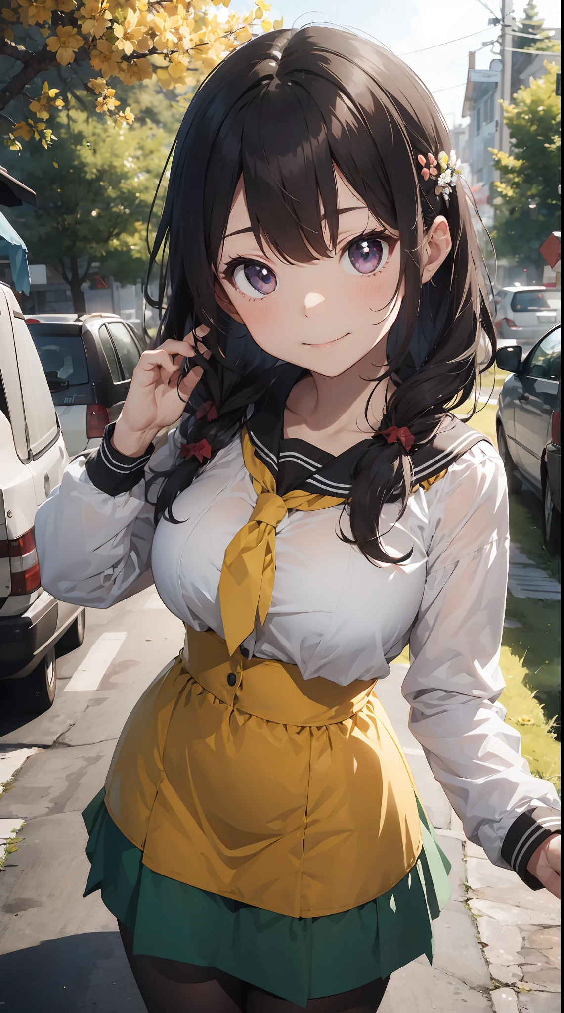 theme: camp
person: Woman in her 20s、Long(Hair color:bloo、Hair quality:straight、hair adornments:Flower hairpins)
expressioness:smiling face
pupil: purpleish color、Realistic and complex eyes
skin: Peach color
Dress:Green long-sleeved shirt、Yellow skirt(frilld、With races)、corset
Poses:Holding a marshmallow in your right hand、Left hand on hip
focus:Focus on the face from above
Effects: The sun shines through the trees on my face.
style: Yoshitaka Amano
Special Effects:cuteness:1.3、Dynamism:1.5
background:
Forests and tents drawn in great detail、bonfire
Has a three-dimensional perspective
High Quality、Inner peace