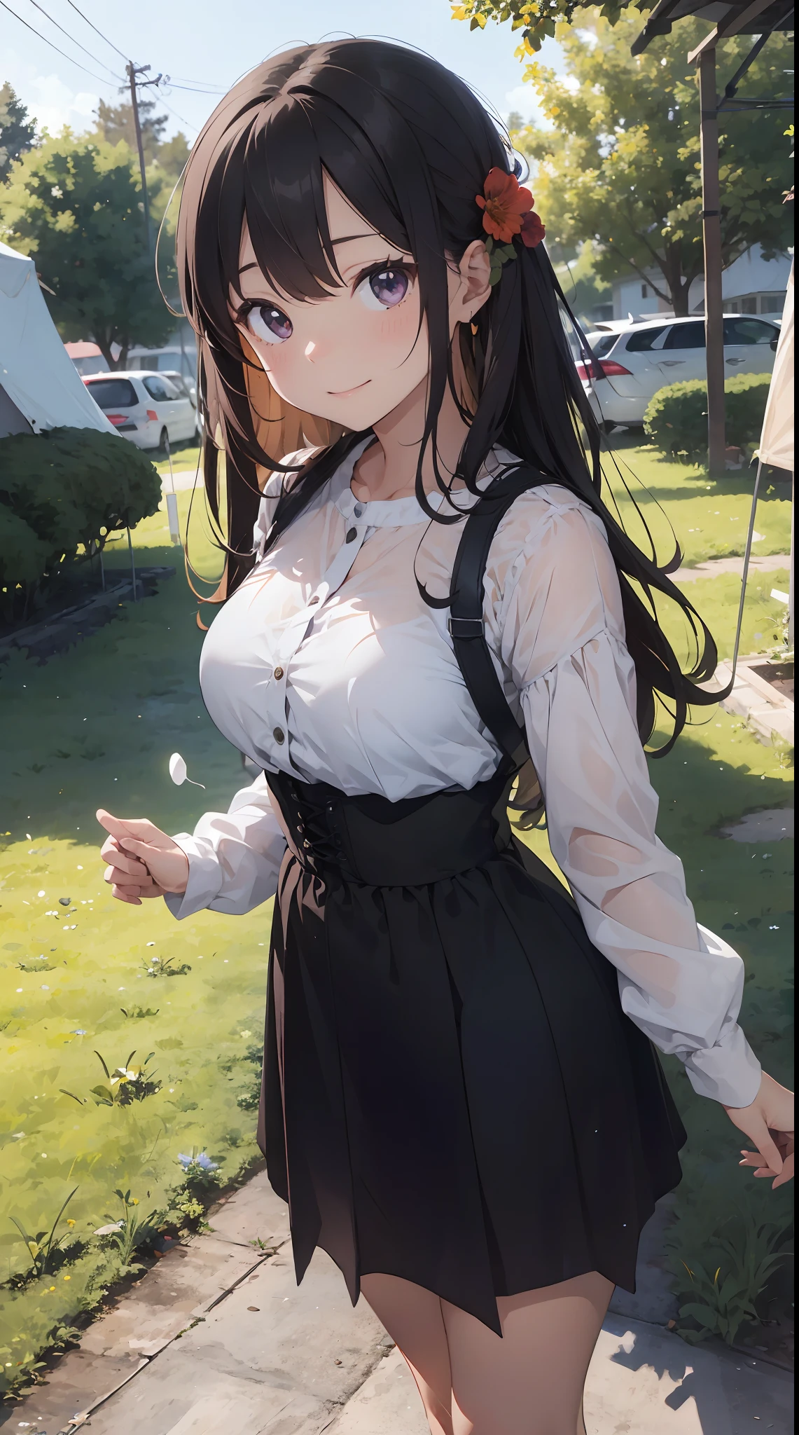 theme: camp
person: Woman in her 20s、Long(Hair color:bloo、Hair quality:straight、hair adornments:Flower hairpins)
expressioness:smiling face
pupil: purpleish color、Realistic and complex eyes
skin: Peach color
Dress:Green long-sleeved shirt、Yellow skirt(frilld、With races)、corset
Poses:Holding a marshmallow in your right hand、Left hand on hip
focus:Focus on the face from above
Effects: The sun shines through the trees on my face.
style: Yoshitaka Amano
Special Effects:cuteness:1.3、Dynamism:1.5
background:
Forests and tents drawn in great detail、bonfire
Has a three-dimensional perspective
High Quality、Inner peace