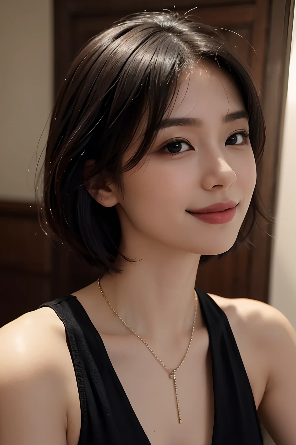 there is a woman with a necklace on her neck posing for a picture, 2 7 years old, 2 8 years old, 2 9 years old, with short hair, 21 years old, 2 3 years old, 2 2 years old, 3 2 - year - old, slight cute smile, cute seductive smile, malaysian, Beautiful Asian girl, 38 years old
