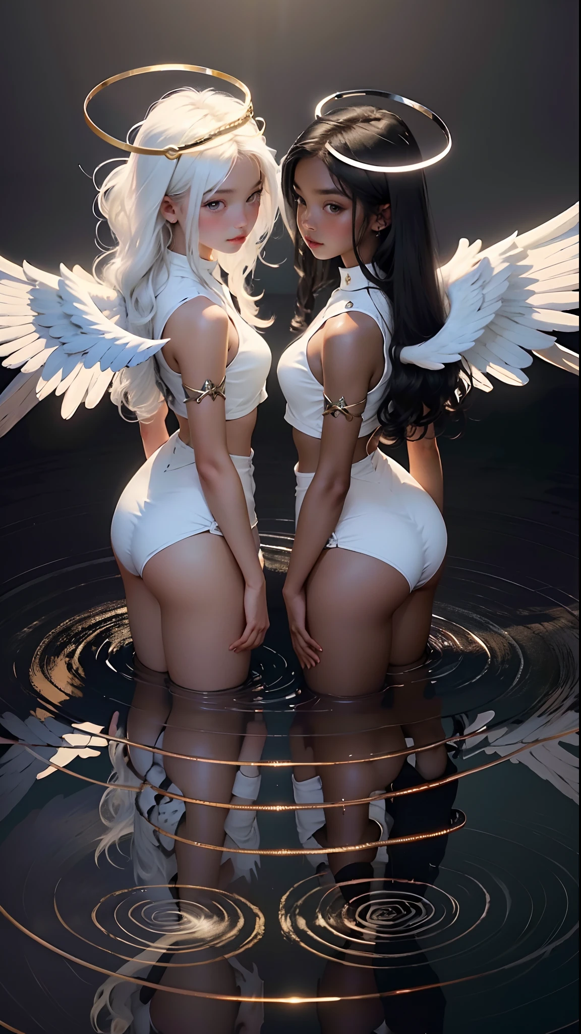 Two girls, one black girl, one white girl, angels, black hair, white hair, halo, angel wings