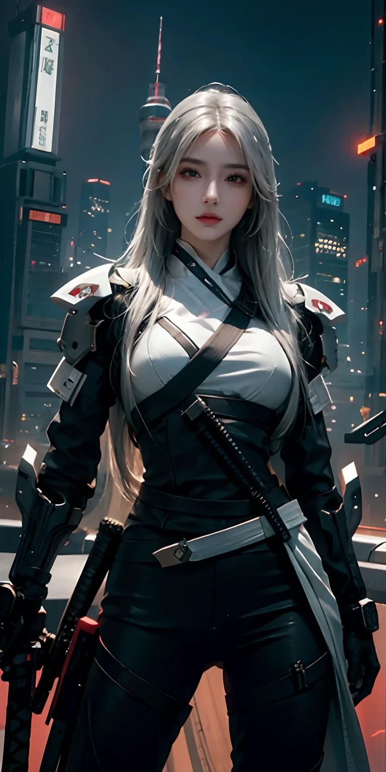 photorealistic, high resolution, soft light,1women, solo, hips up, (detailed face), white long hair, cybersamurai, cyborg, cyberpunk, cyber armor, holding weapon,glowing,katana, city at night