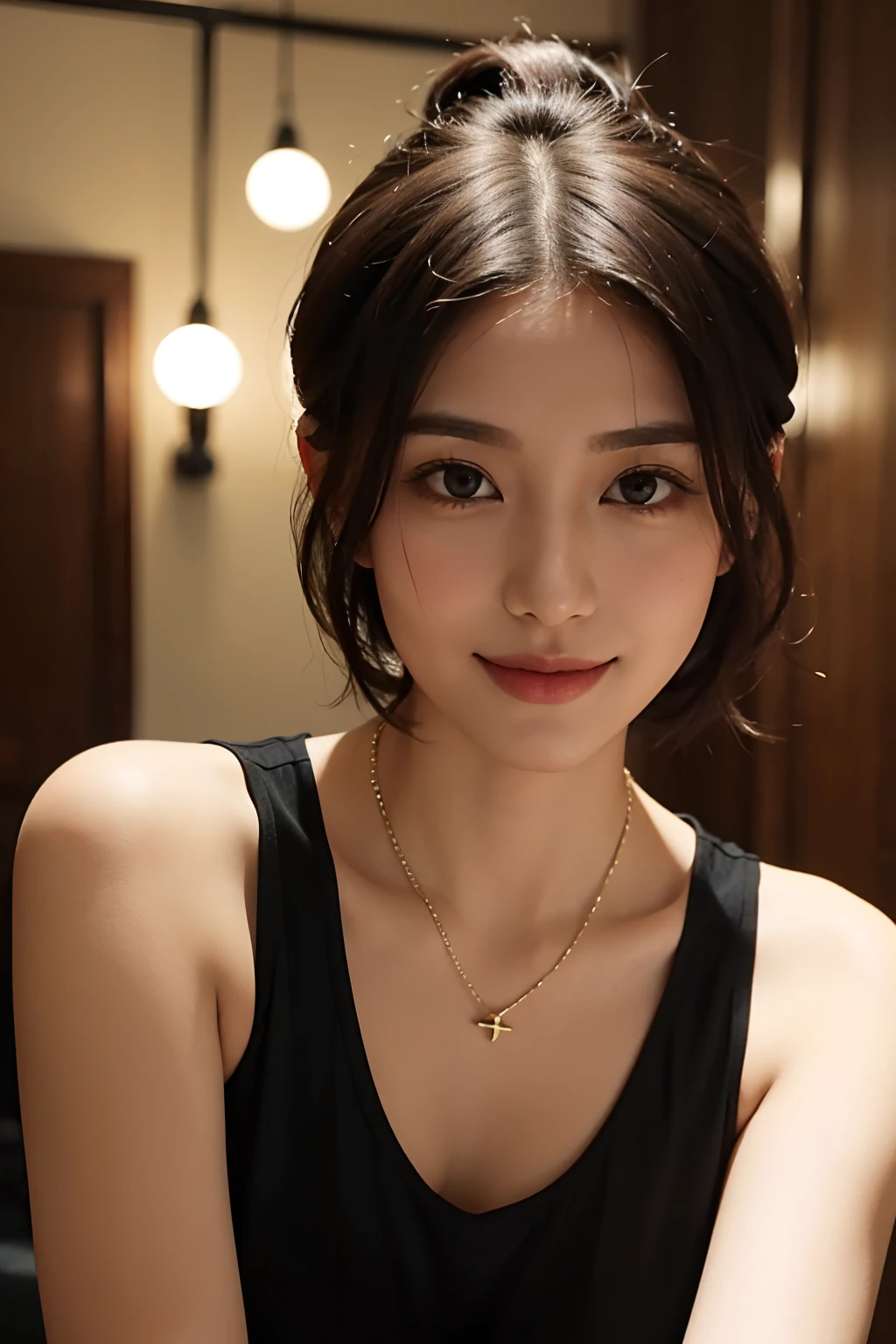 there is a woman with a necklace on her neck posing for a picture, 2 7 years old, 2 8 years old, 2 9 years old, with short hair, 21 years old, 2 3 years old, 2 2 years old, 3 2 - year - old, slight cute smile, cute seductive smile, malaysian, Beautiful Asian girl, 38 years old