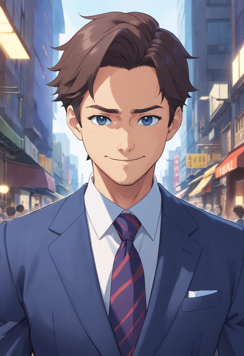 (Front view:1.4),a beard,Less beard,45 yers old,Dandyman,A man who looks strong,Composition of the upper body,Makoto Shinkai's painting style,japanes,(A smile:1.3),Ridicule,A tall man,a beard, Delicate facial features like an actor,(short-haired:1.4),True black hair, Sports Hairstyles,(Celebrity Suits:1.5), Dark blue tie,Intense muscles, eyes are brown, Hotel area