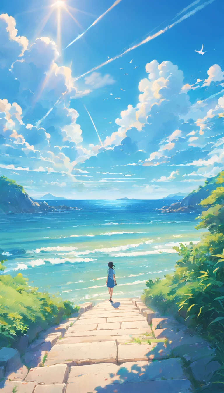 blue-sky,baiyun,birds in the distance,the sea,Expansive picture,Faraway view