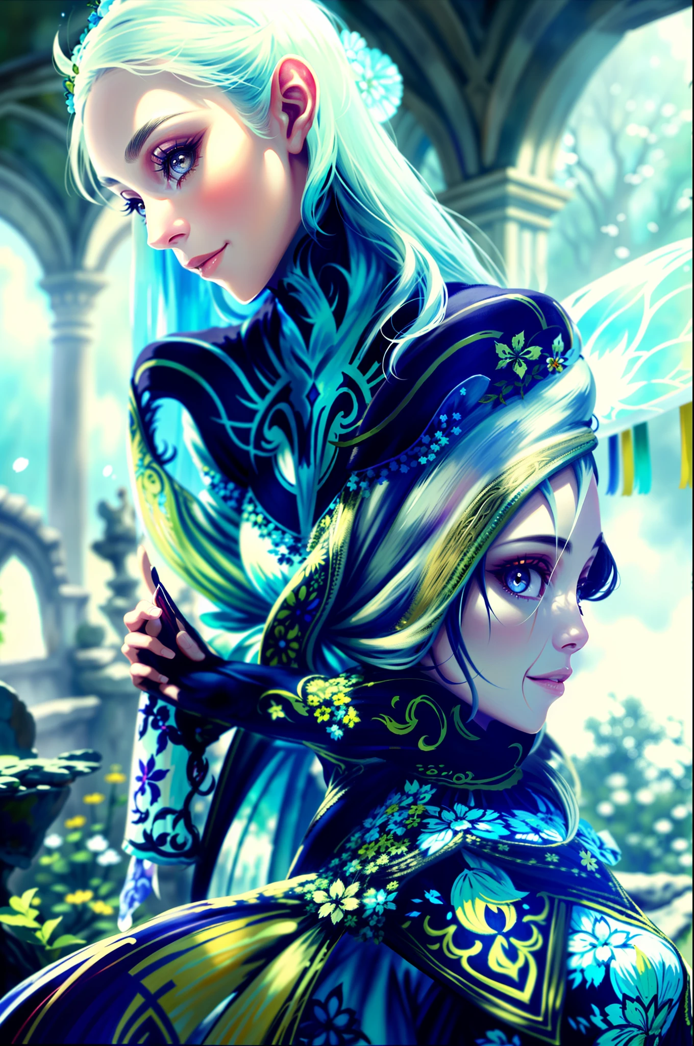 Hyper detailed painting portrait of a gorgeous elf woman, standing in an old dungeon, floating in the sky, meadow, dancing, holding flowers, playful smile, perfect quality, clear focus (clutter-home: 0.8), (masterpiece: 1.2), (Realistic: 1.2), (Bokeh), (Best quality), (Detailed skin: 1.3), (Intricate details), (8K), (Detail total black Eyes), (Sharp Focus), mysterious ambience