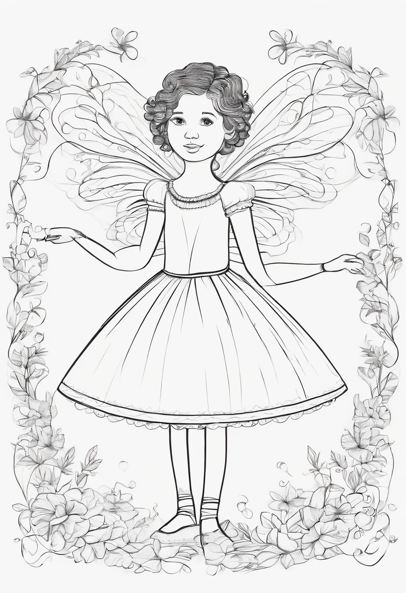 a 4 year old girl in a white ballerina dress with a white background simple children's book illustration style cute, with black curly hair, white skin coloring page