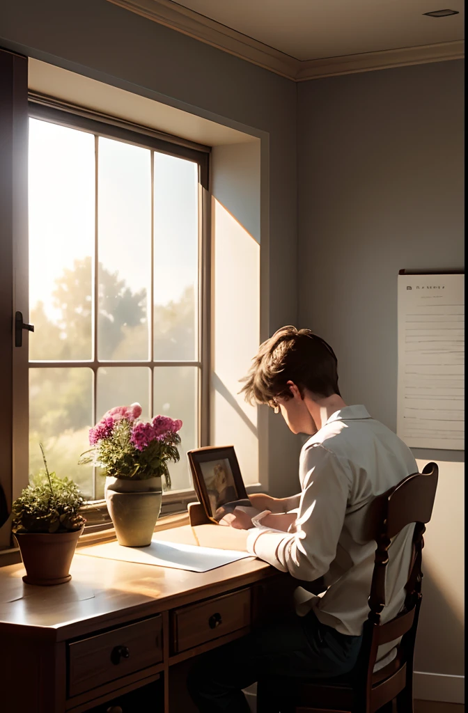 (best quality:1.0),(super high resolution:1.0),european ,male, writing love letter on a stool,in a classroom setting,oil color palette,dimmed lighting,peaceful atmosphere,books and notebooks scattered around,wooden desk and chairs,blackboard with chalk writings,elegant curtains,daylight streaming in from the windows,a vase with fresh flowers,gentle breeze swaying the curtains,subtle shadows and highlights,meticulous attention to surroundings detailed textures,on a sunny afternoon
