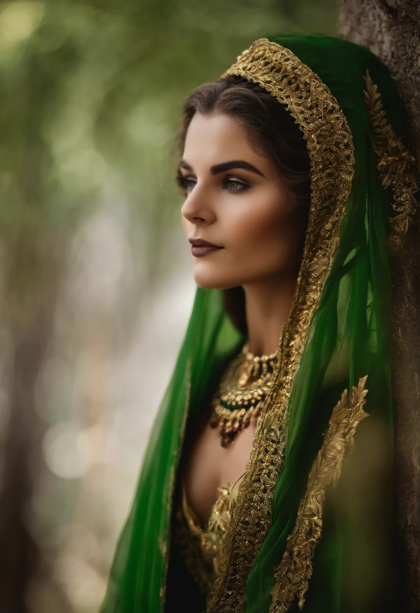 (((retrata umajovem bruxa de 19 anos com cabelos escuros, pele bronzeadas, rosto redondo, cabelo ondulado, roupa medieval verde e dourado, coroa, colar com pigente pequeno e com o fundo preto)