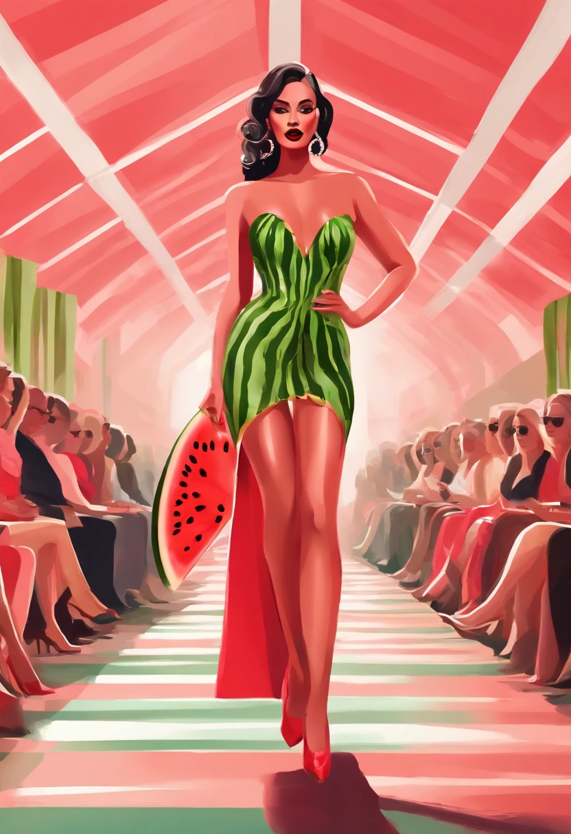 an illustration capturing the essence of a woman making a bold fashion statement by wearing a distinctive watermelon costume on the runway at a fashion show. Ensure that her facial expressions are captivating, her eyes are beautiful, and her body proportions are balanced. Develop this artwork in Full HD with a cinematic flair.