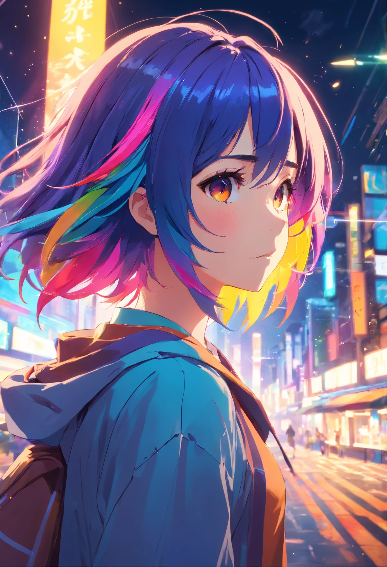{{masterpiece}}, best quality, extremely detailed CG unity 8k wallpaper, cinematic lighting, lens flare, beautiful detail eyes, black, side glance, multicolor hair, colorful light, particles, heterochromia, (colorful:1.5), (colorful hair:1.5),