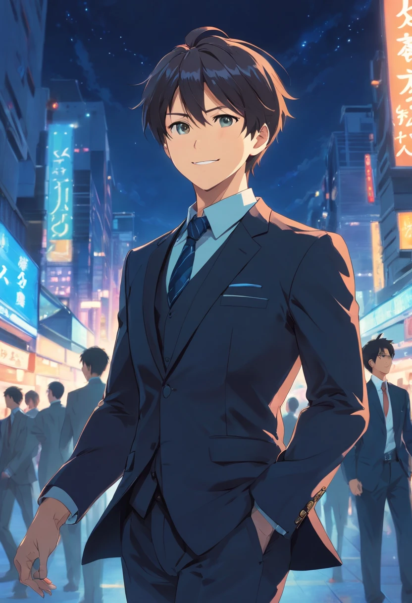 (Front view:1.4),a beard,Groomed beard,45 yers old,Dandyman,Composition of the upper body,Makoto Shinkai's painting style,japanes,(A smile:1.3),Ridicule,A tall man,a beard, Delicate facial features like an actor,(short-haired:1.4),True black hair, (black suits:1.5)、Dark blue tie,Intense muscles, eyes are brown, Night sky background