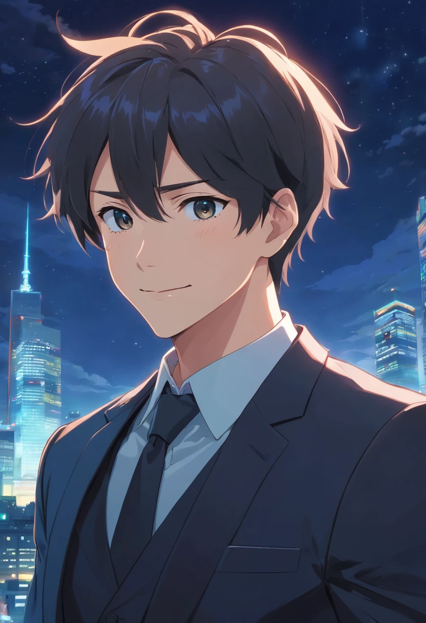 (Front view:1.4),a beard,Groomed beard,45 yers old,Dandyman,Composition of the upper body,Makoto Shinkai's painting style,japanes,(A smile:1.3),Ridicule,A tall man,a beard, Delicate facial features like an actor,(short-haired:1.4),True black hair, (black suits:1.5)、Dark blue tie,Intense muscles, eyes are brown, Night sky background