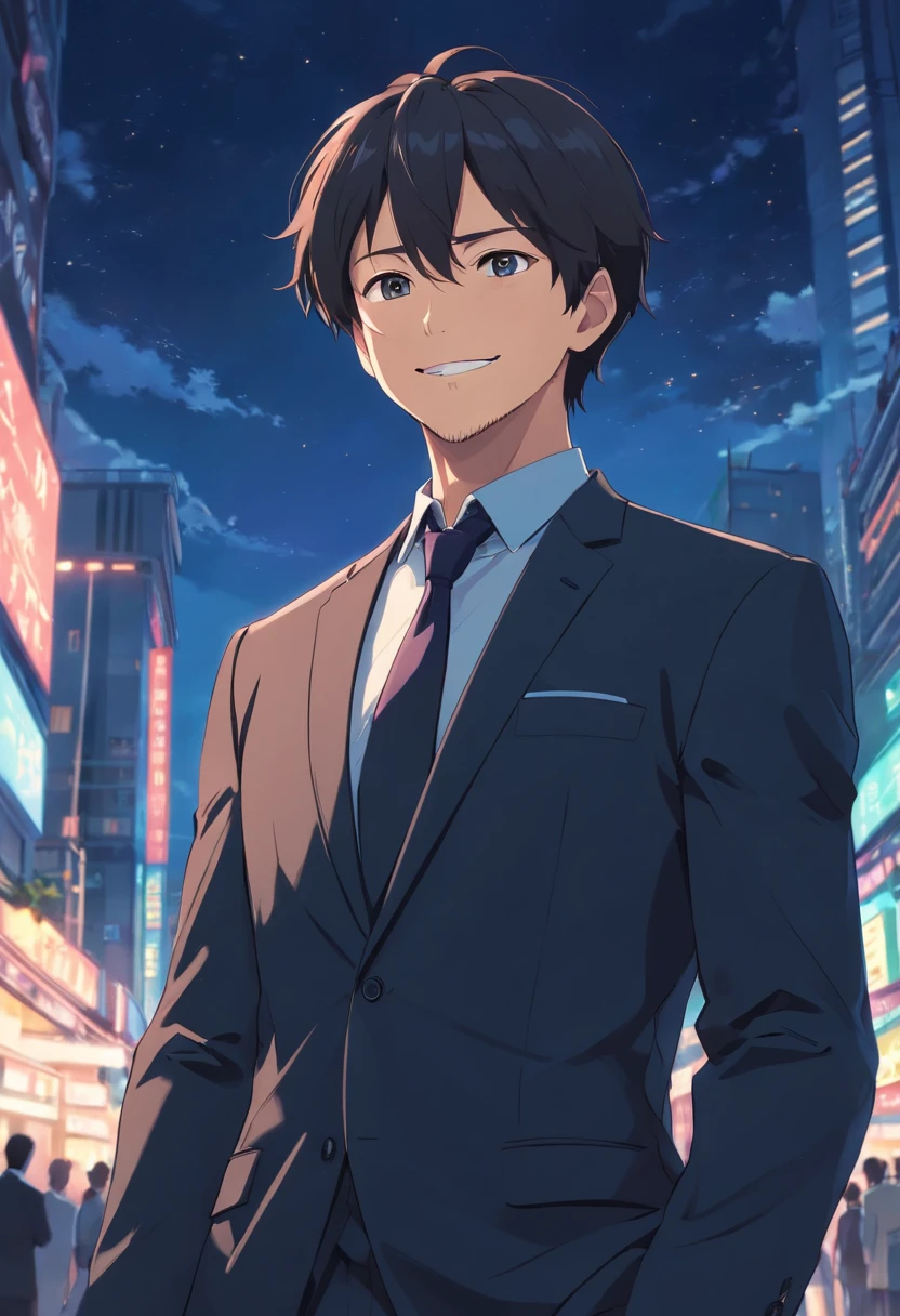 (Front view:1.4),a beard,Groomed beard,45 yers old,Dandyman,Composition of the upper body,Makoto Shinkai's painting style,japanes,(A smile:1.3),Ridicule,A tall man,a beard, Delicate facial features like an actor,(short-haired:1.4),True black hair, (black suits:1.5)、Dark blue tie,Intense muscles, eyes are brown, Night sky background