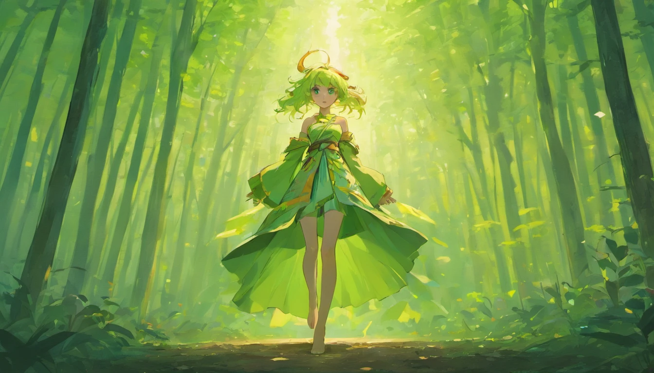 Beautiful girl standing in dark forest in colorful gorgeous robe, The clothes slipped off the shoulders，Full length of colorful hair，Flying hair，epic style, rendering by octane, desert composition, Beautiful face, Hyperrealistic, oil on the canvas, Award-winning, Masterpiece, trending on artstationh, by Ghibli Studio，dynamicposes，Dynamic lens，