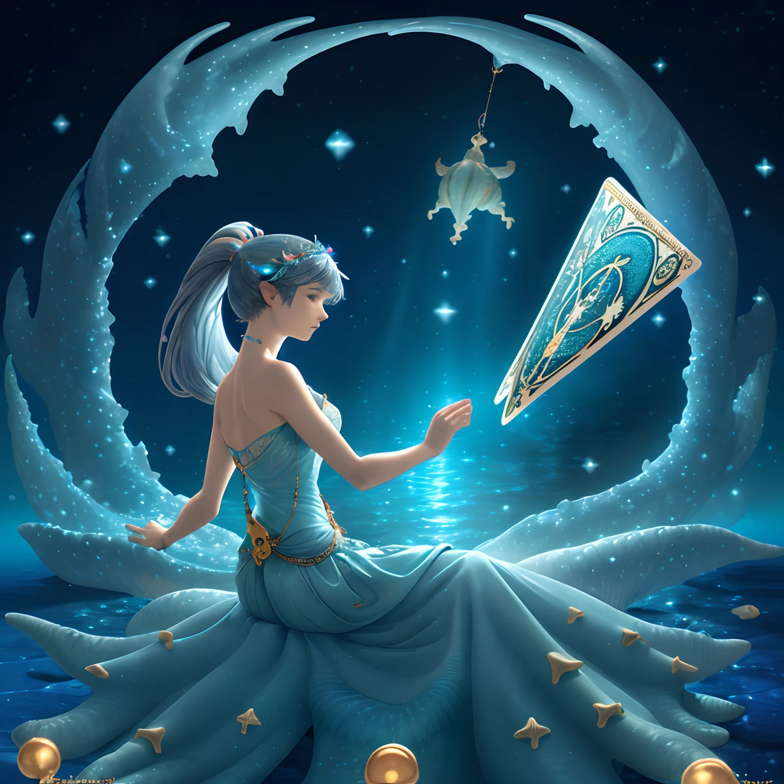 masterpiece, best quality, Alphonse Mucha, art nouveau,
 (tarot card style:1.3),  tarot framework with deep-sea motifs,  
(dark shot:1.2), blue theme, dark and glowing,
1girl, grey brond hair, absurdly long hair, ponytail, upper body,  from side, looking at viewer, 
underwater flowers,
In the enigmatic depths of the ocean, a luminescent princess adorned with seashell and scale-inspired attire, among bioluminescent creatures, ancient underwater ruins, and vibrant coral reefs, where darkness and light coalesce to reveal the secrets of the deep,
Deep-sea creatures such as jellyfish, anglerfish, coelacanths, manta rays, an underwater princess character with fish scale and seashell-inspired dresses and accessories, colorful coral reefs and seagrass, gems and seashells, bioluminescent and fluorescent phenomena, bubble motifs, underwater architecture like ancient ruins or underwater castles, water currents and ripples, contrast between deep-sea darkness and emitted light,
cinematic lighting, dynamic lighting, intricate details, hyper realistic lifelike 3d,