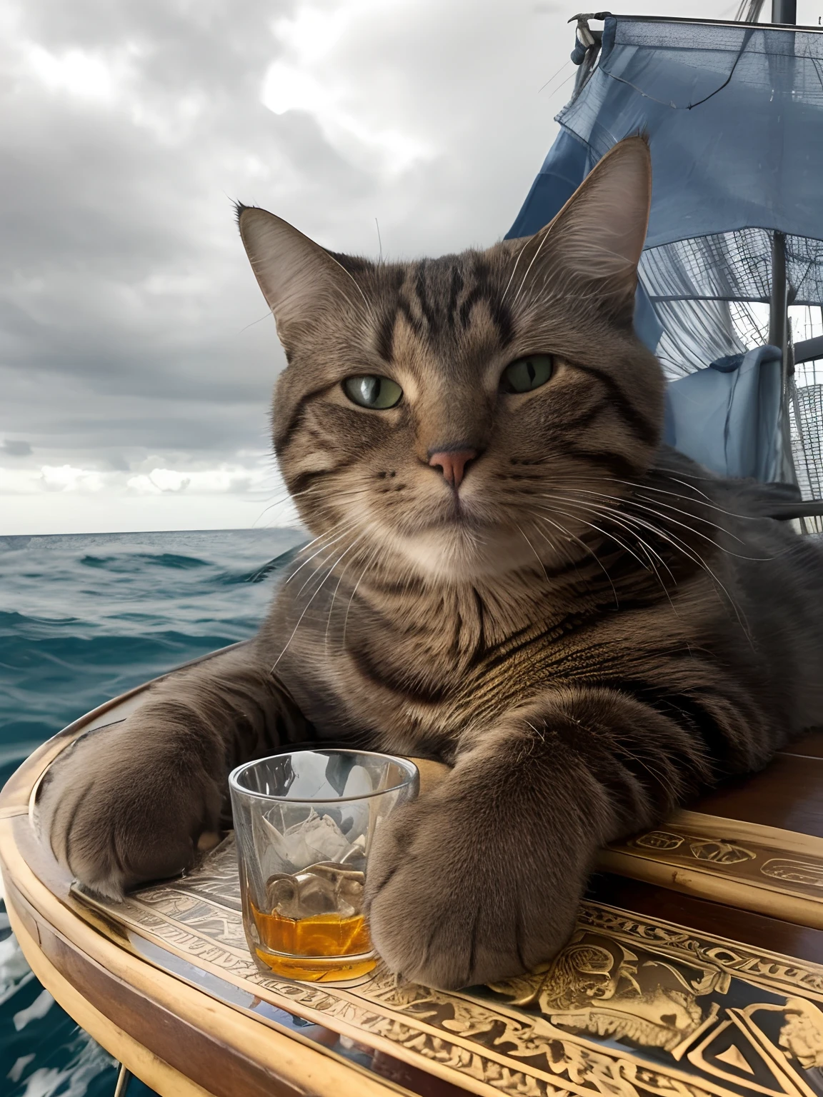 Arafed cat sitting at a table with a glass of whiskey, He's on an old sailboat, Retrato de um gato como um pirata, liquid cat, Picard em um estibordo, em um iate no mar, Rei do Mar, no mar, it is the captain of a crew, em um barco, no oceano, gato fumando um charuto