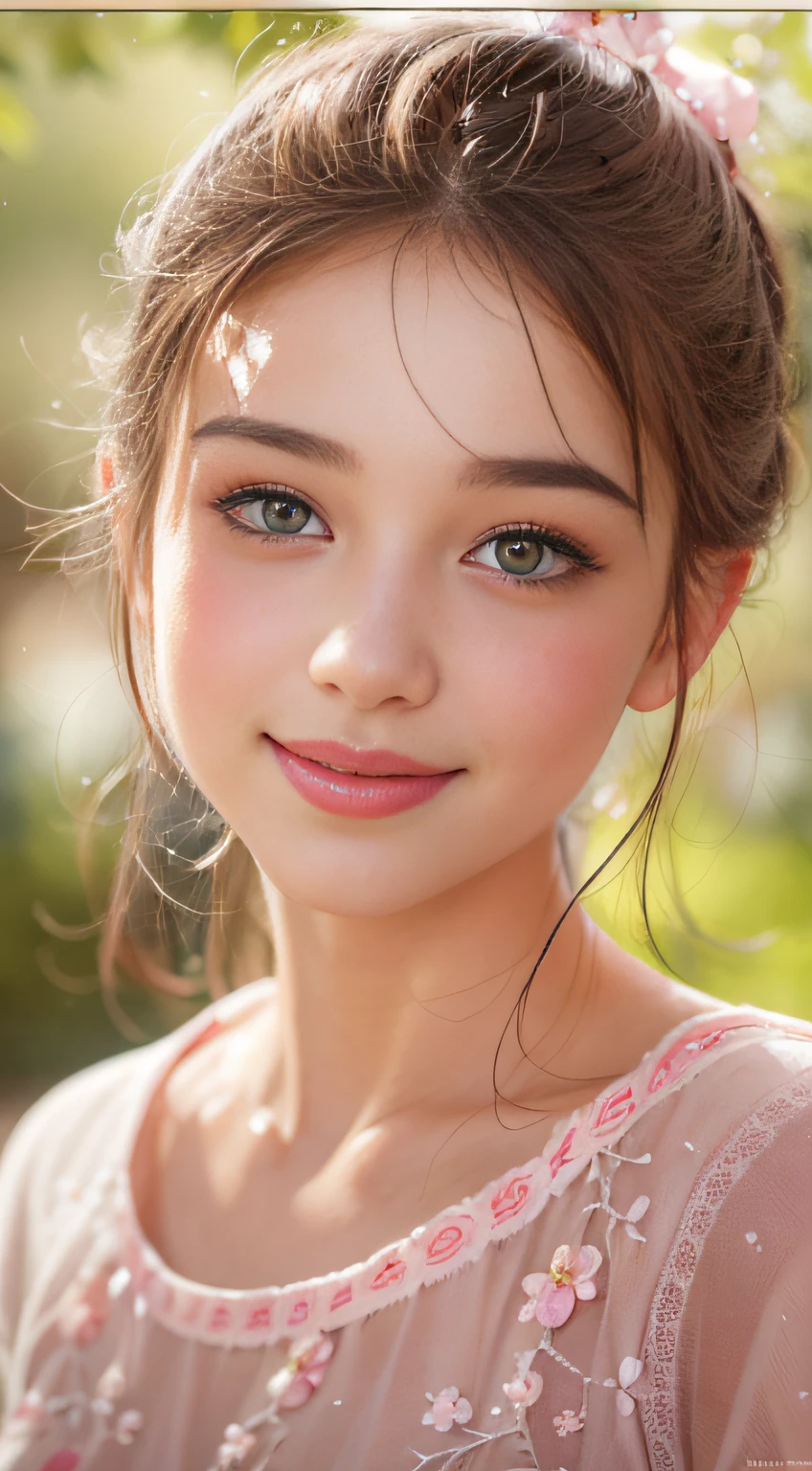 (best quality,realistic:1.37),1girl,beautiful detailed eyes,beautiful detailed lips,extremely detailed face,white skinned, happy face,long eyelashes,brown hair in a ponytail,light and delicate pink blush,looking directly at the viewer,sparkling eyes,happy smile,portrait style,soft lighting,natural background,France,Versailles garden,peaceful atmosphere,vibrant colors,medium format painting, happy smile