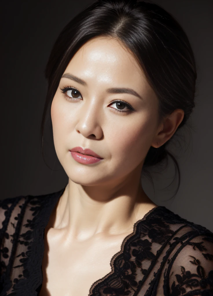 ((Highest quality)), ((8k)), ((masterpiece: 1.3)), (Perfect appearance), (Photorealism: 1.6), (JMA), (KE), (Genuine:1.4), 1 Mature Woman, Perfect Anatomy, close up portrait of face, 70 years old, Medium Long Hair, Small, (Pitch black background:1.2),