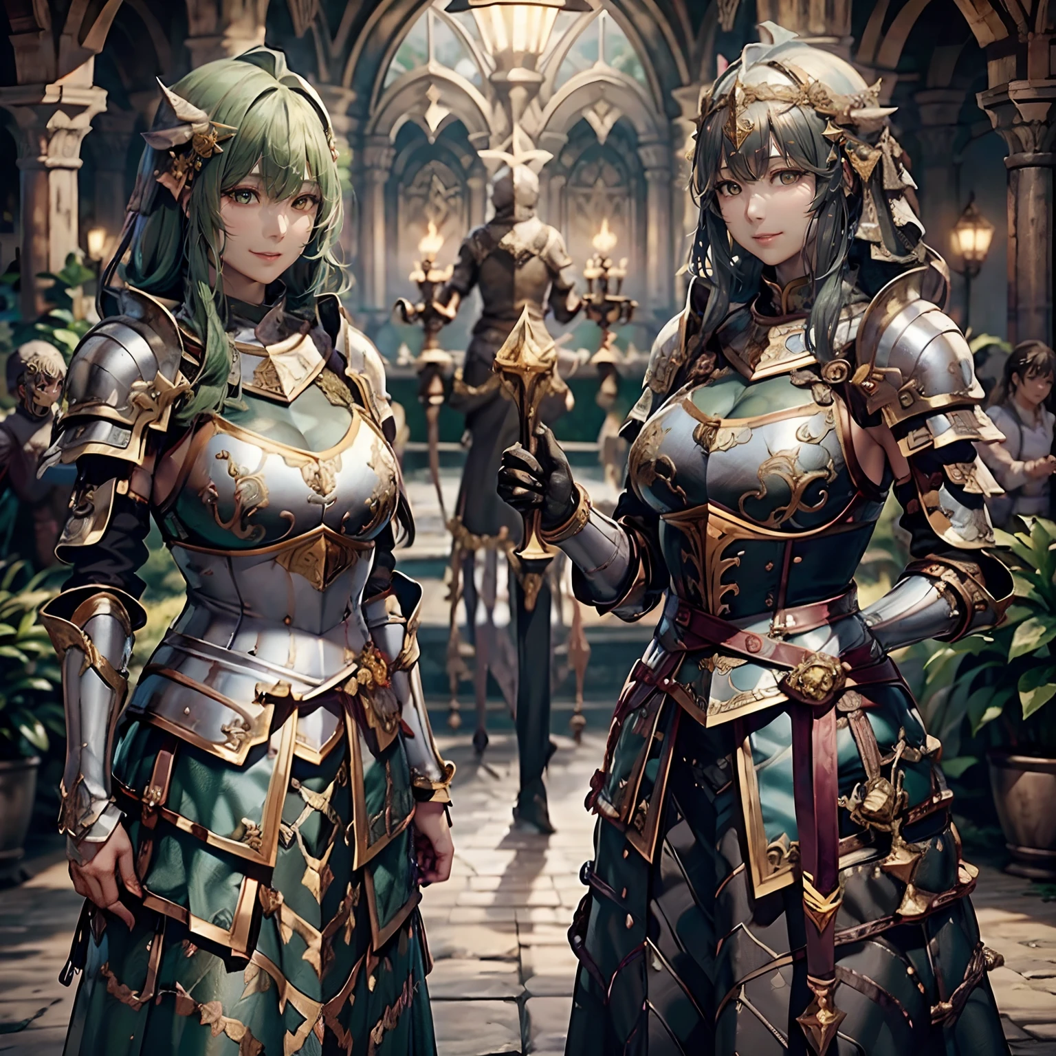 Women in Their 20s、fantasy worlds、offcial art, unity 8k wall paper, ultra-detailliert, beautifly、Aesthetic, ​masterpiece, top-quality, Photorealsitic、detailed costume、depth of fields, Fantastic atmosphere, Calm palette, tranquil mood, Soft shading、plump figure、Soft skin、Huge breasts、thick waist、large full breasts、Happy smile、Woman knight:1.5、Female knight、Dark green eyes、a blond、Has a very large sword and shield、Black and silver armor covering the whole body