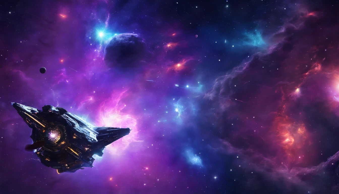stars, space, nebula, open space, galaxy, blue and purple tones, space opera, greatness, eternity, calm, hyperrealism, spaceships. space battle, explosions, fighter, bombers, lasers, battleships, fire, space fleet, epic battle