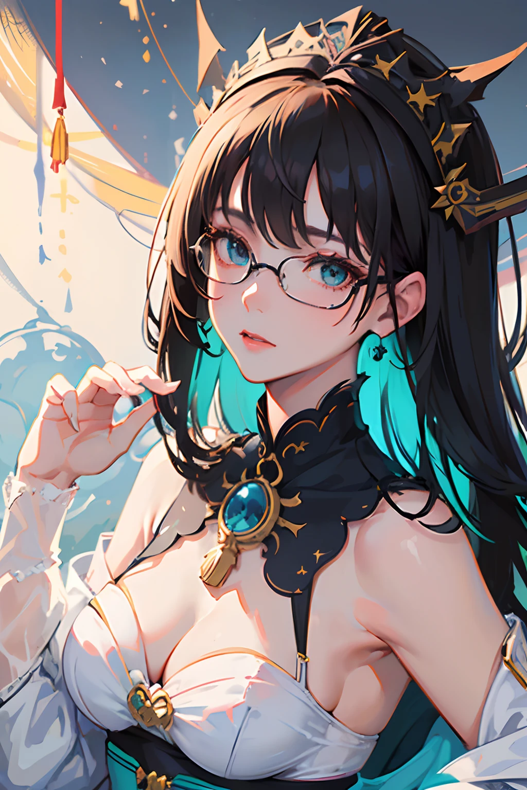 ((masterpiece, best quality)), (1girl), (solo), (female focus, mature, milf), ((medium hair, messy hair, headdress, black hair)), cyan eyes, glasses, kunoichi, Shu from Aether Gazer, Aether Gazer