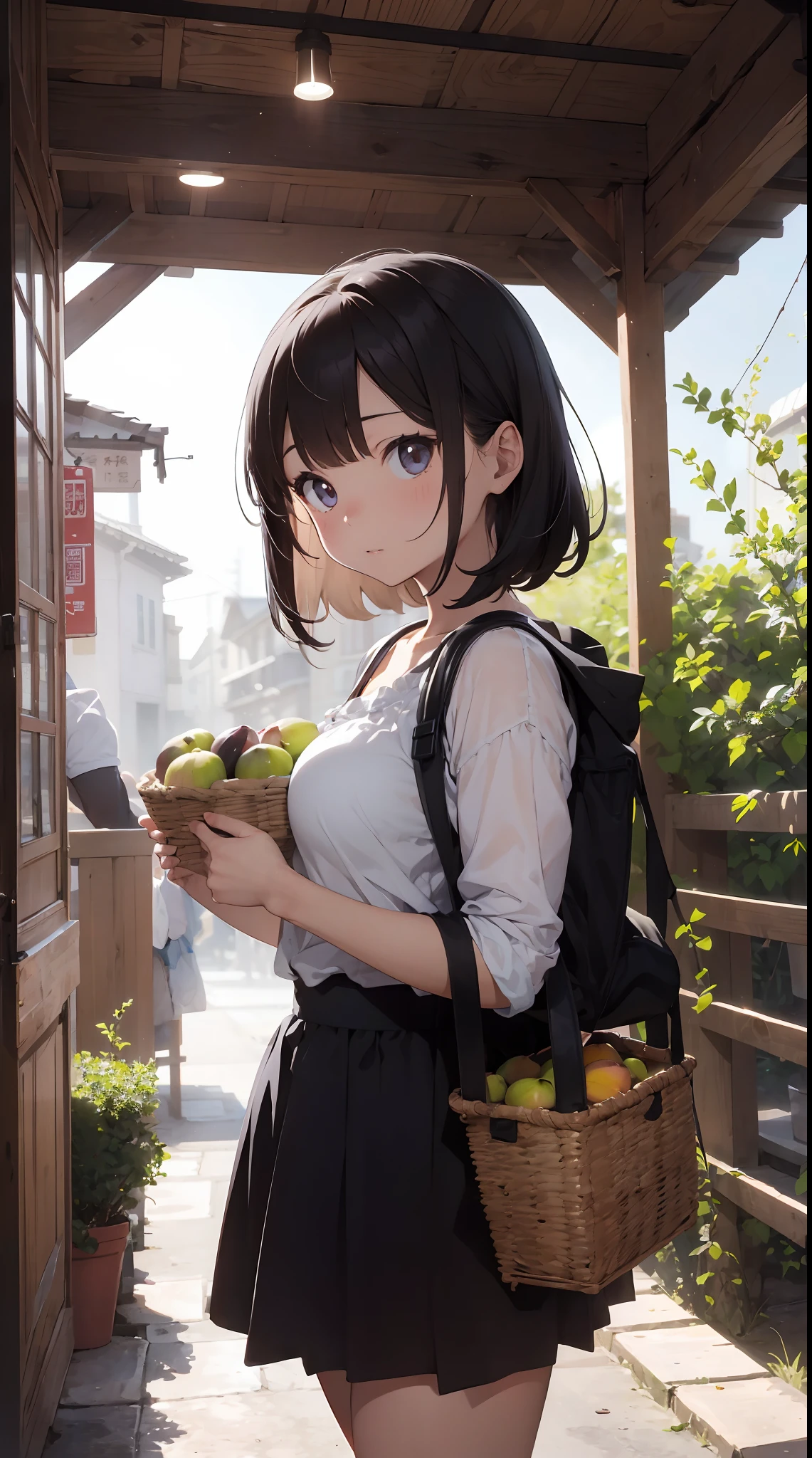 A girl carrying a big basket on her back、It is a scene of picking fruit under a fig tree。 however、This is not just a fig hunt。 She got a map、Enjoy adventures like treasure hunts。 、It shines like a jewel,、Each of them is said to have special powers。