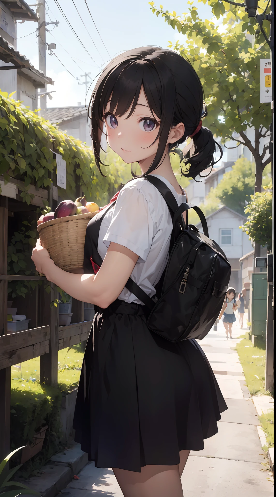 A girl carrying a big basket on her back、It is a scene of picking fruit under a fig tree。 however、This is not just a fig hunt。 She got a map、Enjoy adventures like treasure hunts。 、It shines like a jewel,、Each of them is said to have special powers。
