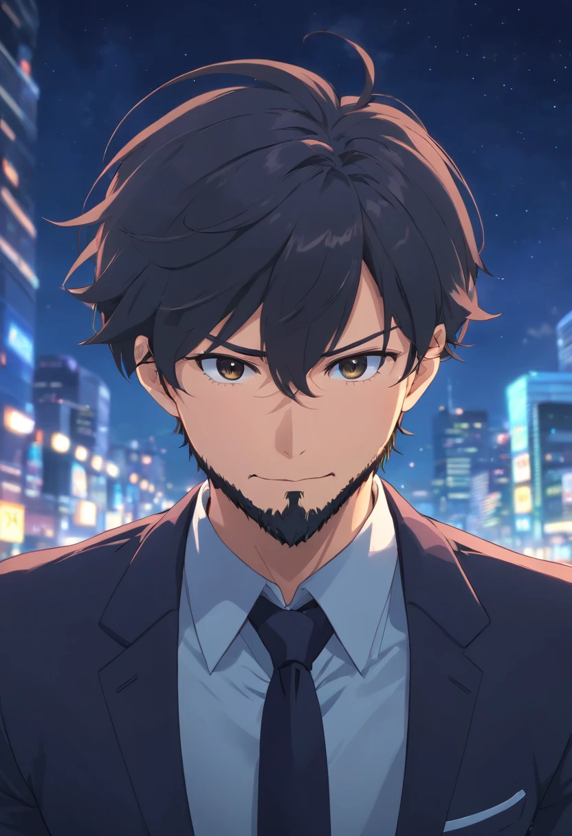 (Front view:1.4),(a beard:1.2),Groomed beard,45 yers old,Dandyman,Composition of the upper body,Makoto Shinkai's painting style,japanes,(A smile:1.3),Ridicule,A tall man,a beard, Delicate facial features like an actor,(short-haired:1.4),True black hair, (black suits:1.5)、Dark blue tie,Intense muscles, eyes are brown, Night sky background
