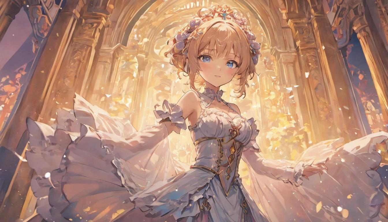 ((Extremely detailed Cg Unity 8K wallpaper)), Masterpiece, Ultra-detailed, Floating, high resolution, Sexual suggestiveness, (Petite, Absurd long gray hair, Princess, White Mage, Blue eyes, (Gorgeous white and red sheer layered maxi dress，Long skirt with slit wide sleeves，Delicate embroidery), Bridal veil, circle of the crone, bridalgauntlets, Blushing, Shy, Arched back, Ruffled petticoat, ornate corset,