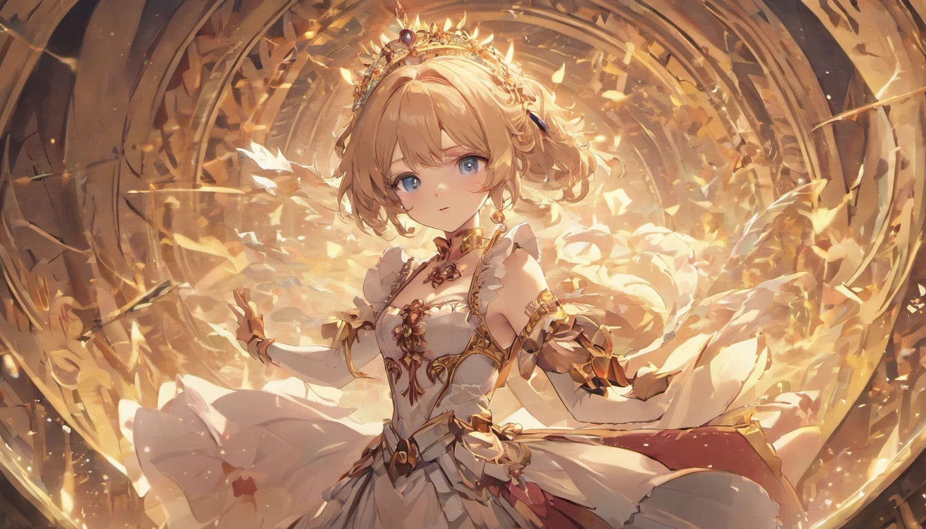((Extremely detailed Cg Unity 8K wallpaper)), Masterpiece, Ultra-detailed, Floating, high resolution, Sexual suggestiveness, (Petite, Absurd long gray hair, Princess, White Mage, Blue eyes, (Gorgeous white and red sheer layered maxi dress,Long skirt with slit wide sleeves,Delicate embroidery), Bridal veil, circle of the crone, bridalgauntlets, Blushing, Shy, Arched back, Ruffled petticoat, ornate corset,
