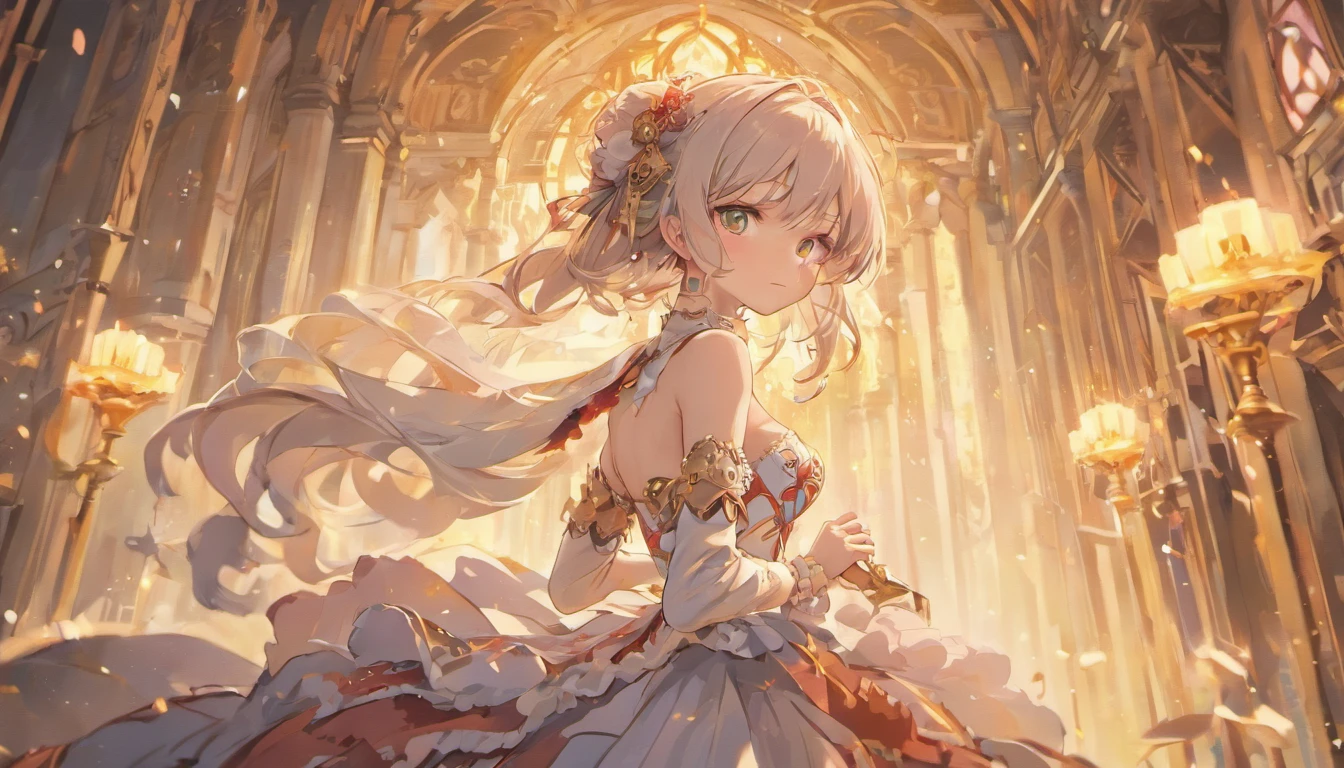 ((Extremely detailed Cg Unity 8K wallpaper)), Masterpiece, Ultra-detailed, Floating, high resolution, Sexual suggestiveness, (Petite, Absurd long gray hair, Princess, White Mage, Blue eyes, (Gorgeous white and red sheer layered maxi dress，Long skirt with slit wide sleeves，Delicate embroidery), Bridal veil, circle of the crone, bridalgauntlets, Blushing, Shy, Arched back, Ruffled petticoat, ornate corset,