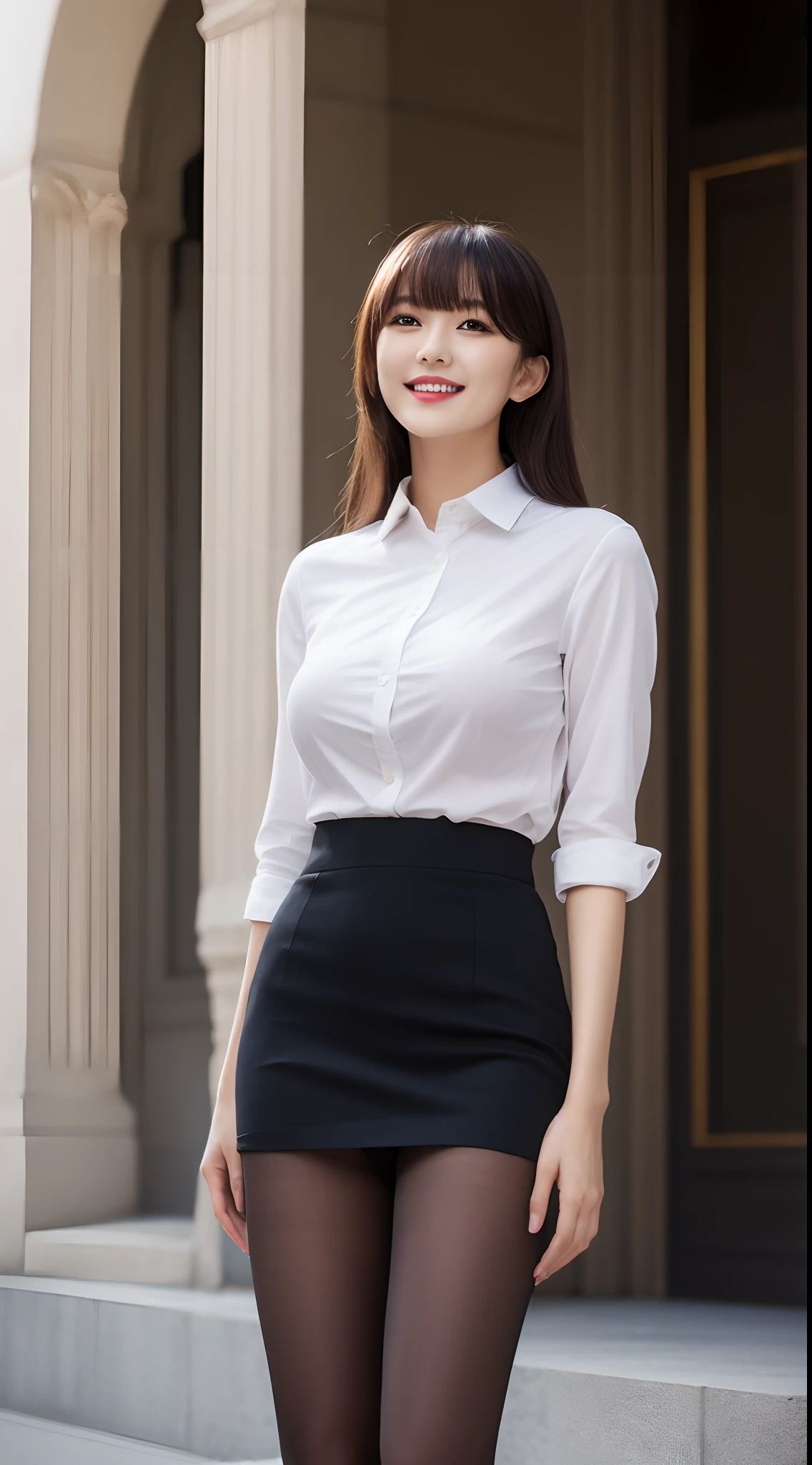 (top-quality、超A high resolution、masterpiece:1.3)、A tall and pretty woman、longeyelashes, Solid Circle Eyes, striated hair, light brown hair, hair behind ear, Long hair with bangs, shortpants, a miniskirt, longeyelashes, Parted lips, surrealism, drop shadow, anaglyph, stereograms, surrealism, Verism, depth of fields, Backlighting, Expose F/1.2, One-person viewpoint, Super Detail, ccurate, Best Quality, nffsw, masutepiece, Textured skin, Best Quality, hard disk, 8K, Parks in the city, blurry backround, ((big breasts thin waist)), skinny thigh, (Colossal tits:1.1), Natural Color Lip, Smile, Collared shirt, Black pantyhose, long legged, Young woman in perfect style, Tight miniskirt suit
