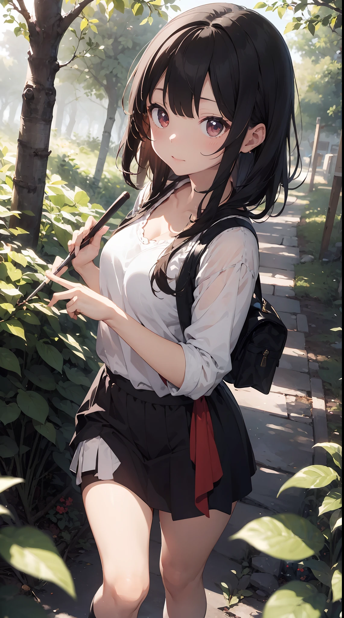 This illustration is、It depicts a scene of a cute girl hunting figs in a magical forest。Girls、He wears a wizard-like attire.、I have a magic wand。 、Figs sparkle、Ripening。 In the background、With fantastic forest、Tucked in it is a fig tree depicted。Expressing in a world like。