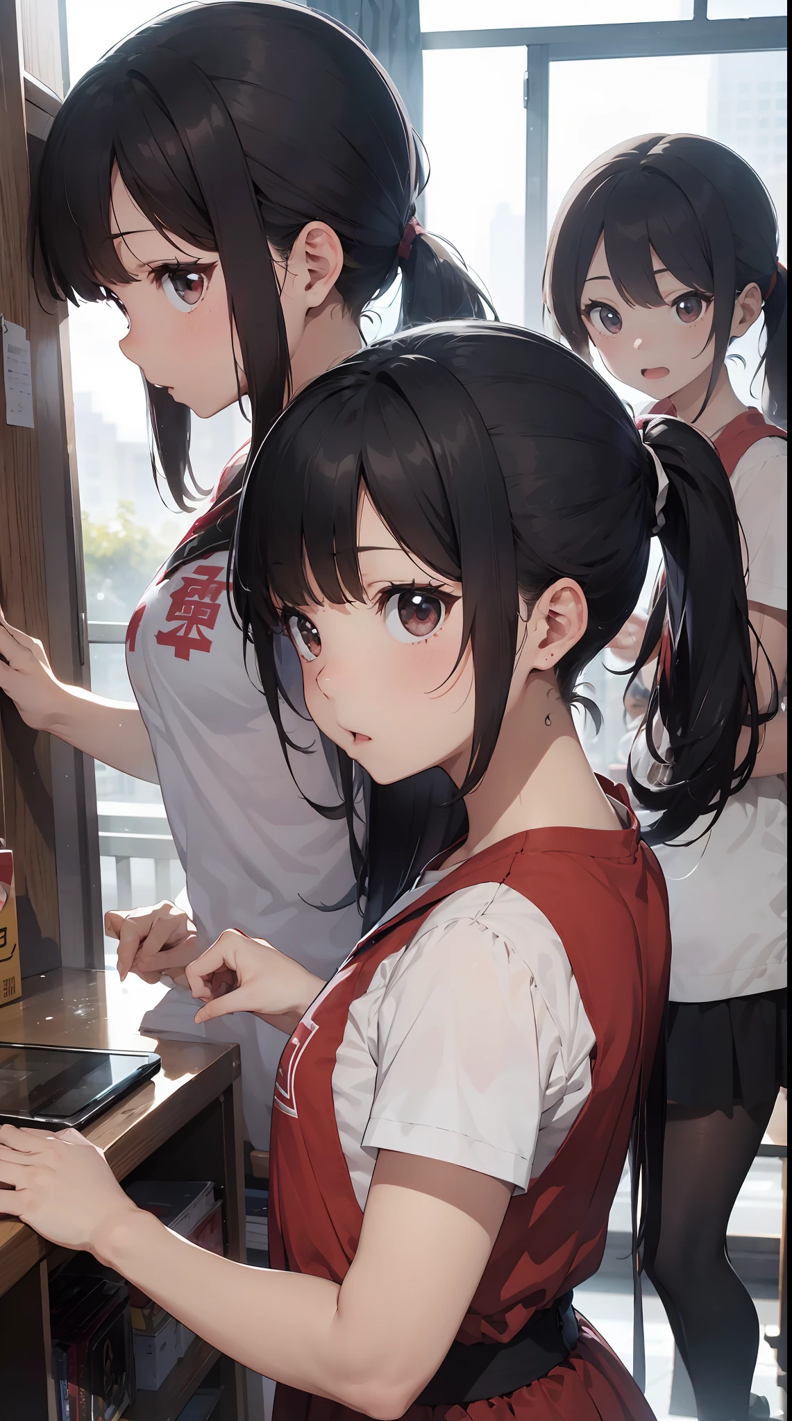 Super beautiful illustration、masterwork、An ultra-high picture quality、ultra-quality、Quality improvement、Real Stick、girl with、（bich：1.5）、kawaii、（Tiny：1.3）、（field day：1.8）、（Two main girls：1.5）、（Illustration depicting the general of the red and white groups trying to headbutt each other。The general of the red and white groups both had black hair.、Her hairstyle is a ponytail。The expressions of the red and white generals are full of courage and determination.、They show a non-yielding attitude to each other。In the hands of the general of the red and white groups, they are grabbing each other's uniforms.、Pulling forcefully。In the background, other students watched with bated breath.、Silence and pressure are transmitted.。：1.5） 、Great Clash、Hot Battle、（force：1.3）、（There are many cute girls in the background：1.3）