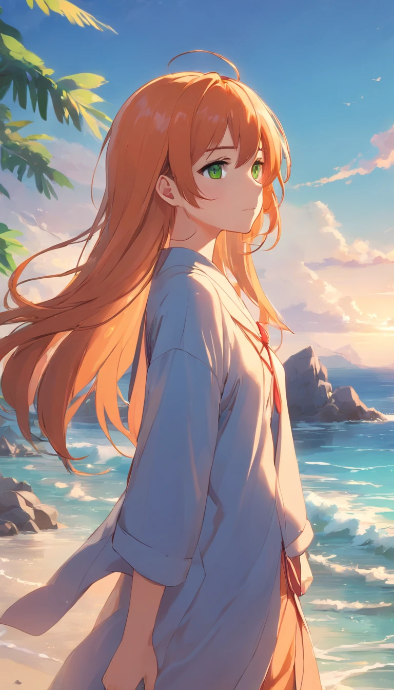 anime girl with long orange hair standing on beach near ocean, green eyes detailed digital anime art, anime girl with long hair, smooth anime cg art, anime girl with long hair, digital anime art, artwork in the style of guweiz, beautiful anime portrait, photorealistic anime girl render, beautiful anime girl, advanced digital anime art, guweiz on artstation pixiv HD UHD HQ