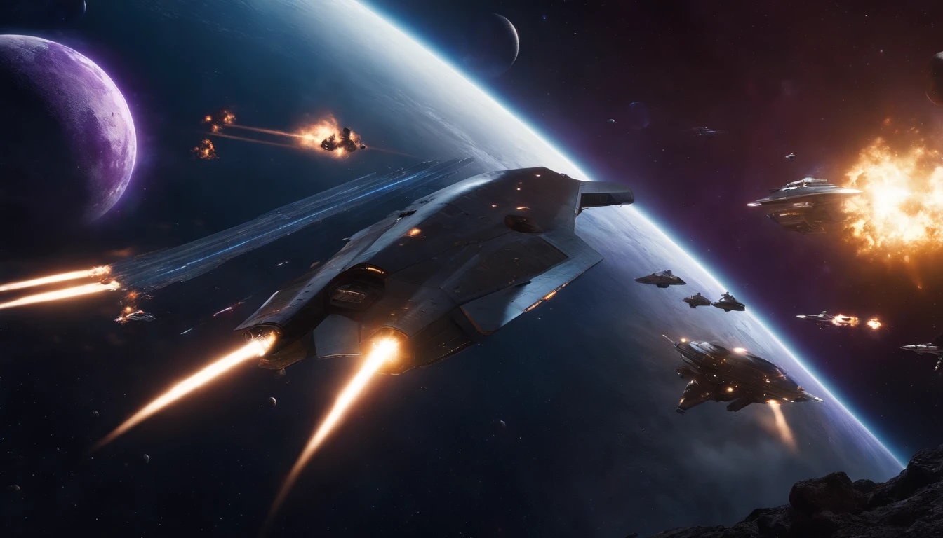 stars, space, nebula, open space, galaxy, blue and purple tones, space opera, greatness, eternity, calm, hyperrealism, spaceships. space battle, explosions, fighter, bombers, lasers, battleships, fire, space fleet, epic battle