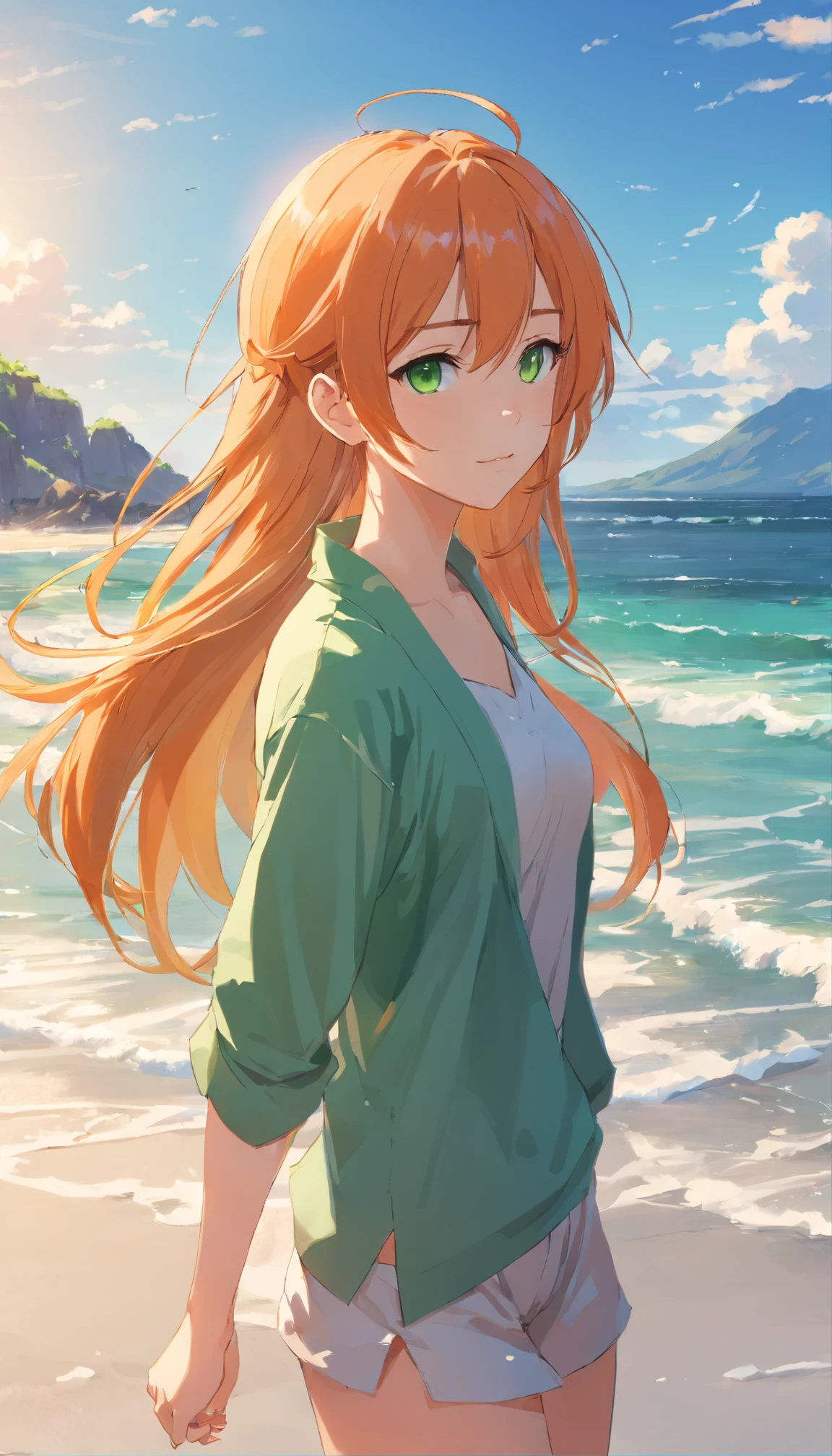 anime girl with long orange hair standing on beach near ocean, green eyes detailed digital anime art, anime girl with long hair, smooth anime cg art, anime girl with long hair, digital anime art, artwork in the style of guweiz, beautiful anime portrait, photorealistic anime girl render, beautiful anime girl, advanced digital anime art, guweiz on artstation pixiv HD UHD HQ