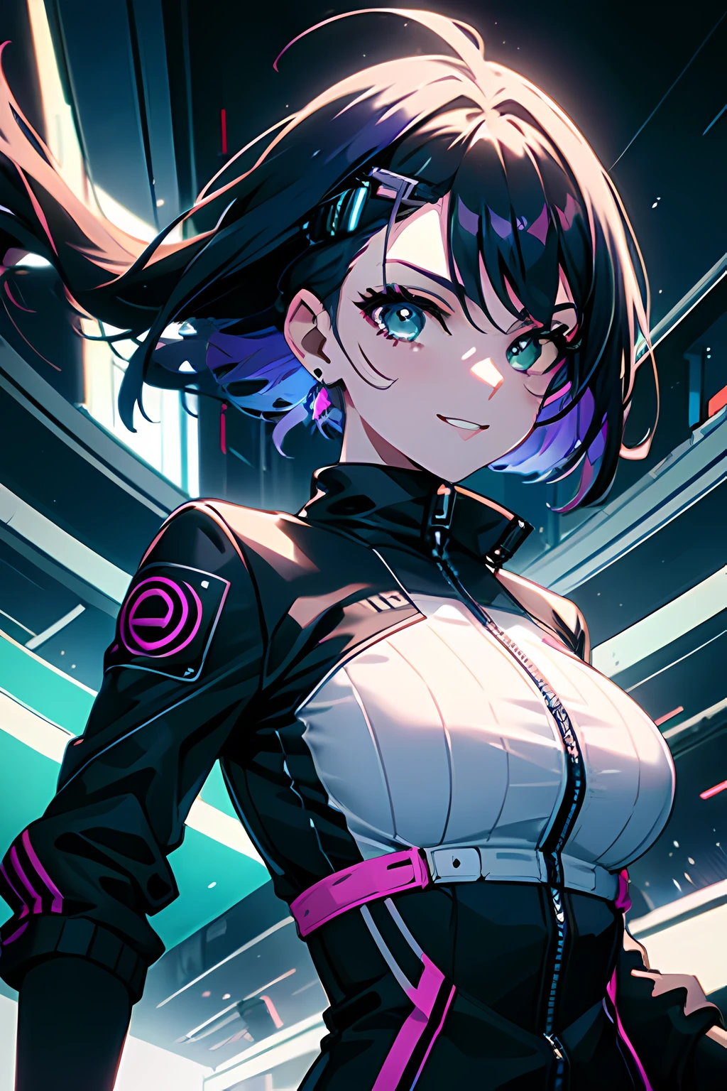Create an 8K masterpiece for SeaArt AI:
A girl with short dark blue hair, purple highlights, green eyes, and a cyberpunk Netrunner suit under a track jacket, joyfully free-falling from the sky. She holds a large RC controller, smiling at the viewer.