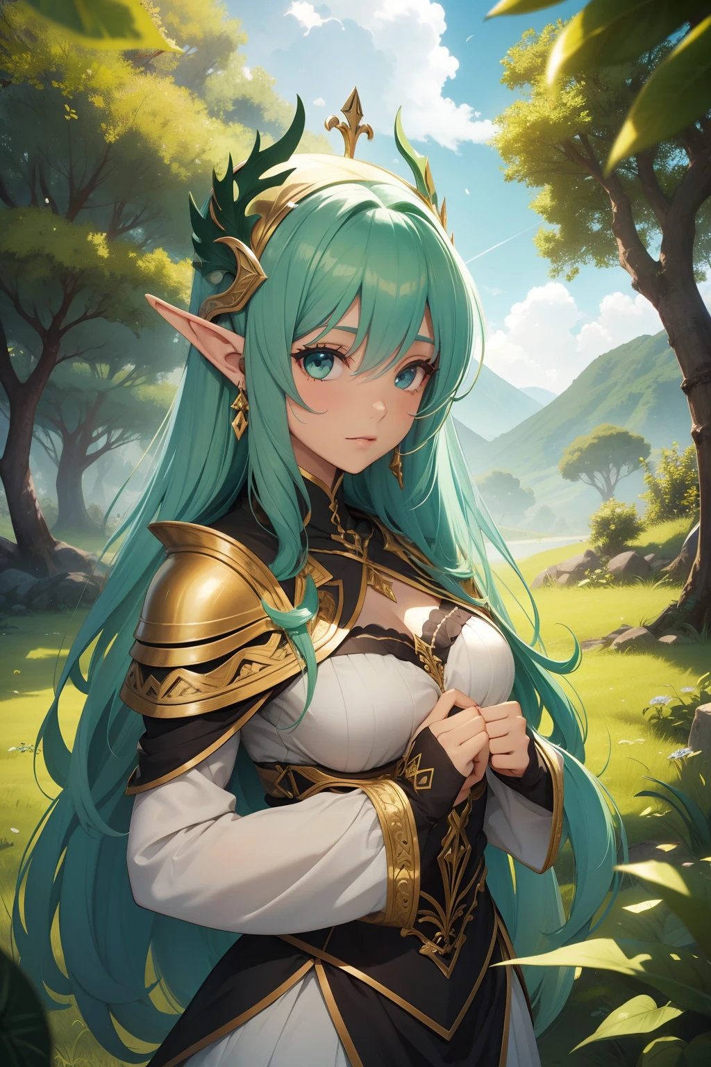 an elven warrior, long lilac hair, bangs, large breasts, hair between eyes, heroic posture, lilac eyes, full body, golden elven armor, confident, fantasy, medieval, in a forest, rays of sun