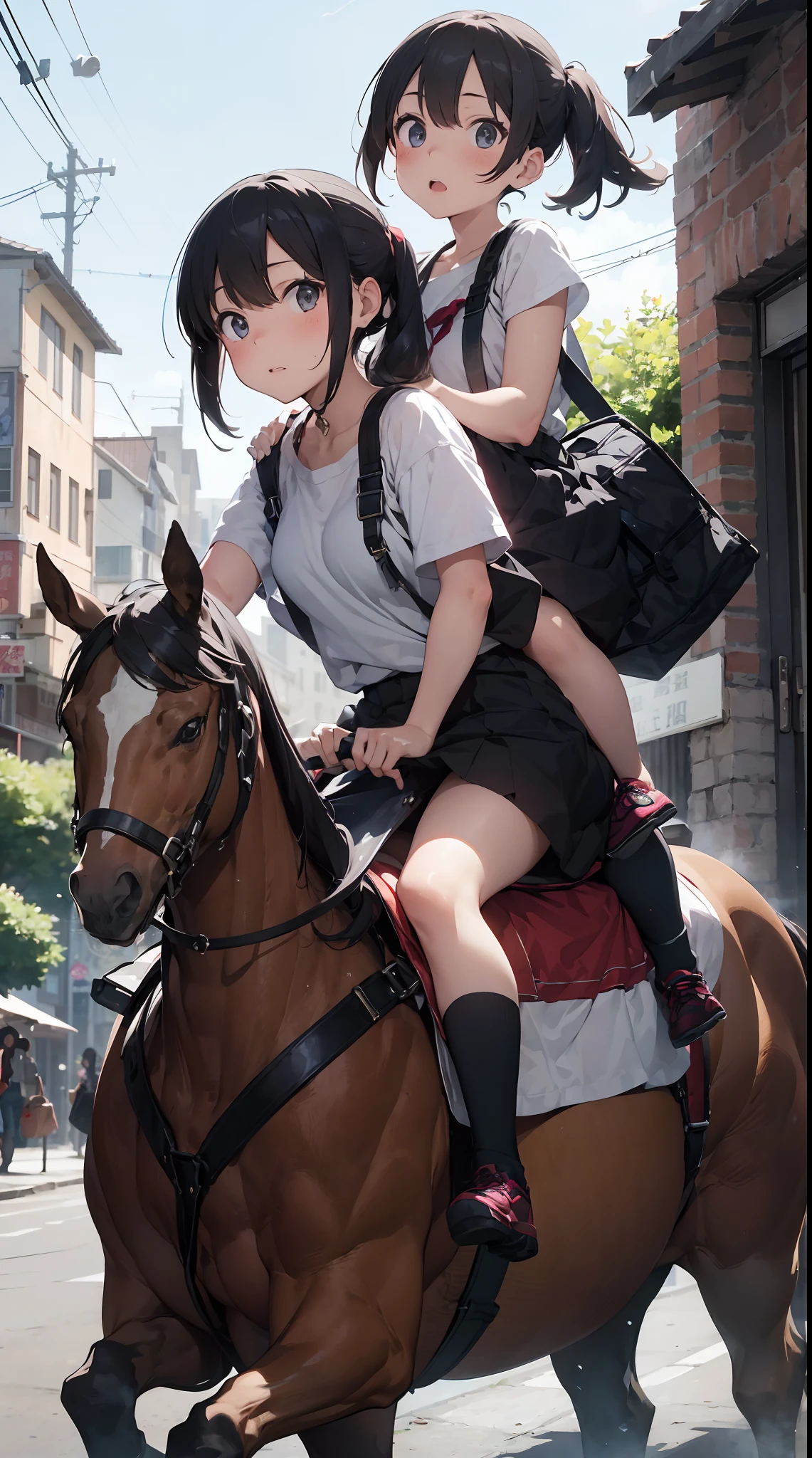 Mounted Warfare、girl with４a person、Horses about３a person、One person is in front of two people behind it。One girl is riding on it。Mounted Warfare