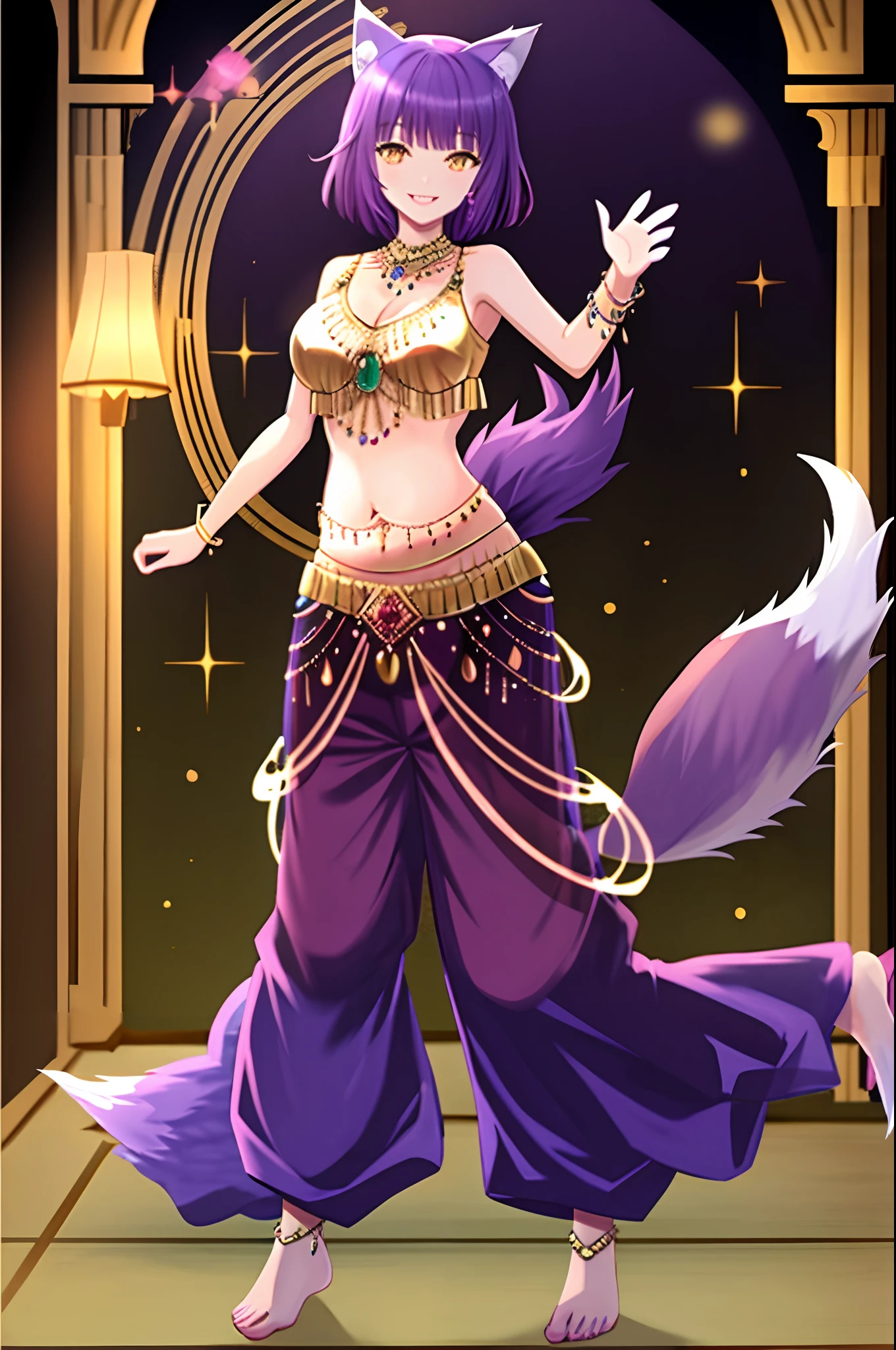 ((((wolf girl)))), (((purple hair))), (((smile))), ((((full body)))), (((standing pose))), (((belly dance top))), (((jewelry))), ((((long and baggy Belly Dance Harem Pants)))), (((bare feet))), (((fully detailed)))