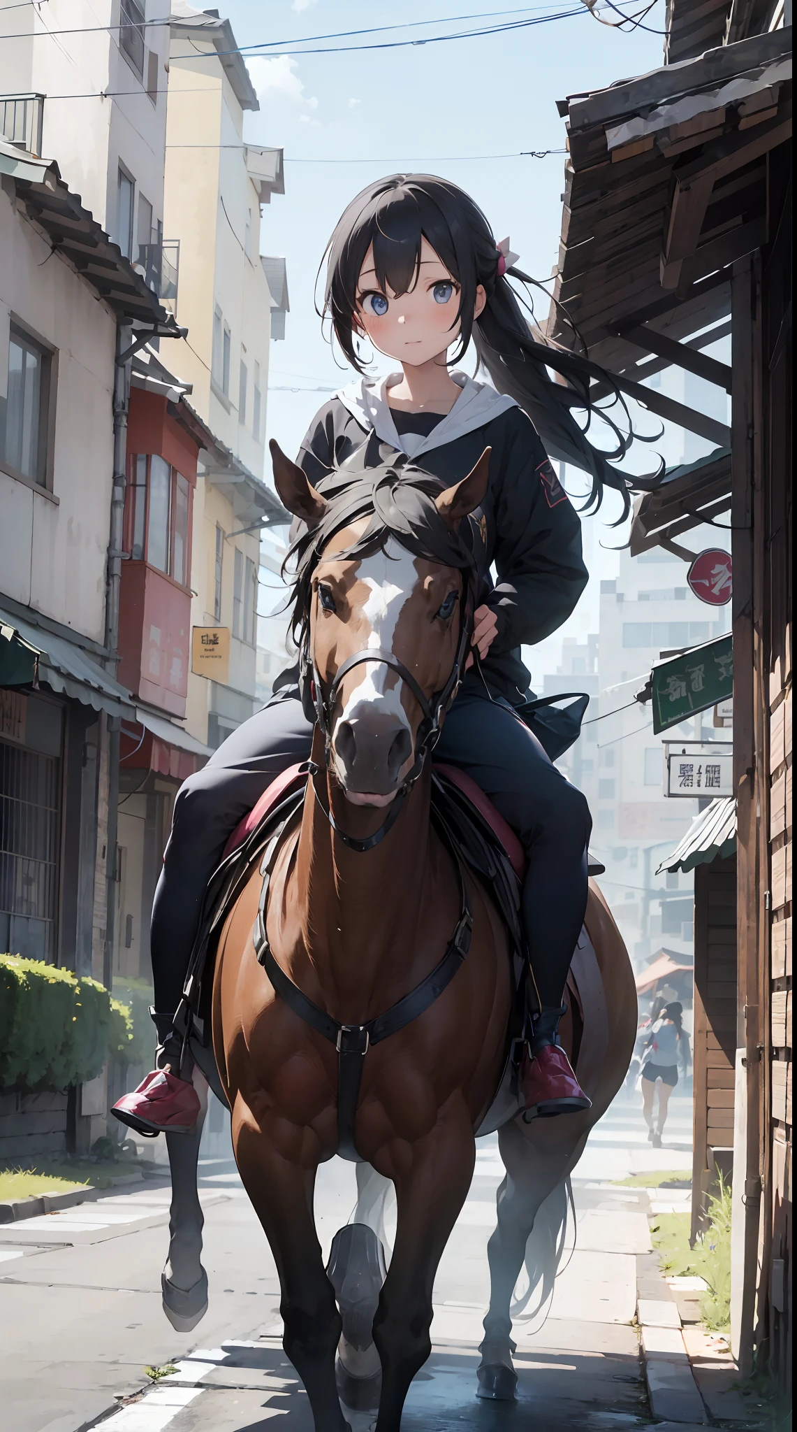 Mounted Warfare、girl with4a person、Horses about3a person、One person is in front of two people behind it。One girl is riding on it。Mounted Warfare
