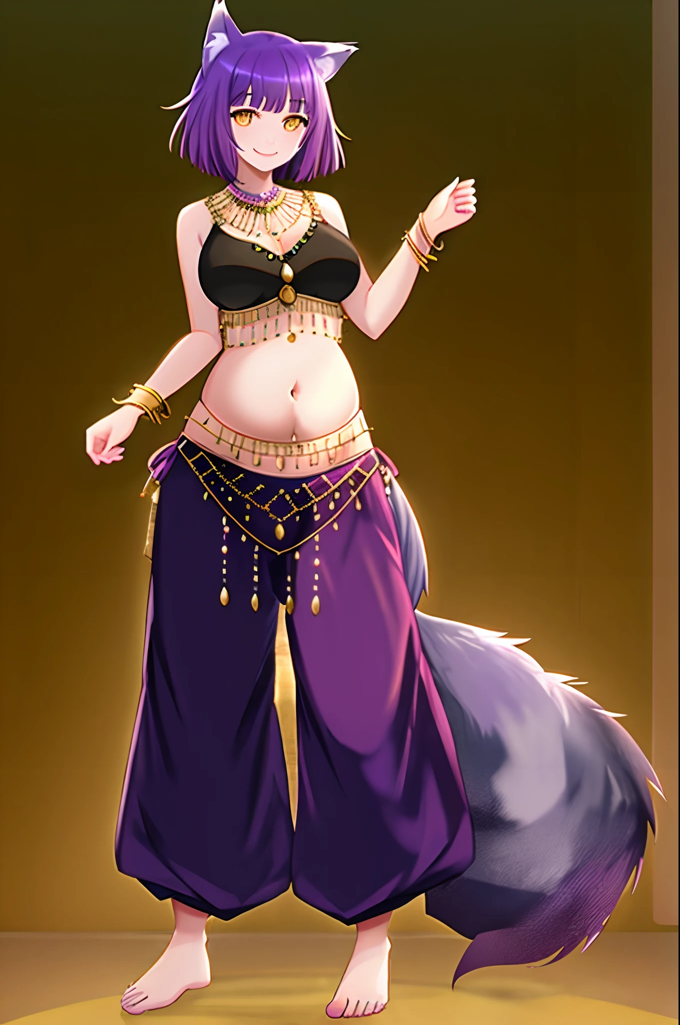 ((((wolf girl)))), (((purple hair))), (((smile))), ((((full body)))), (((standing pose))), (((belly dance top))), (((jewelry))), ((((long and baggy Belly Dance Harem Pants)))), (((bare feet))), (((fully detailed)))