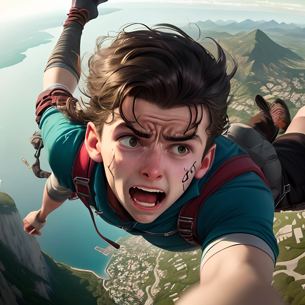 A visual representation of someone falling from dizzying heights, with his face expressing panic and the landscapes below passing quickly, creating a feeling of vertigo