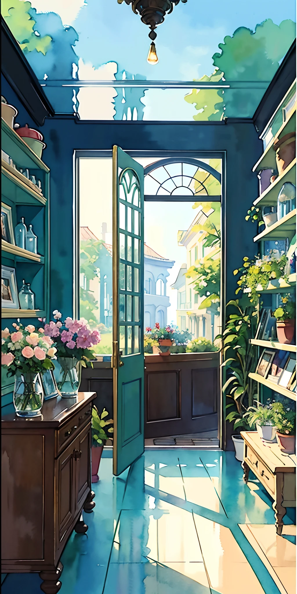 ((Watercolor painting in Sargent style))、(top-quality、tmasterpiece)、Soft light、The store sells greenery, The main entrance is glass., The windows are made of glass, There are potted plants and flowers on the shelves by the window，8K