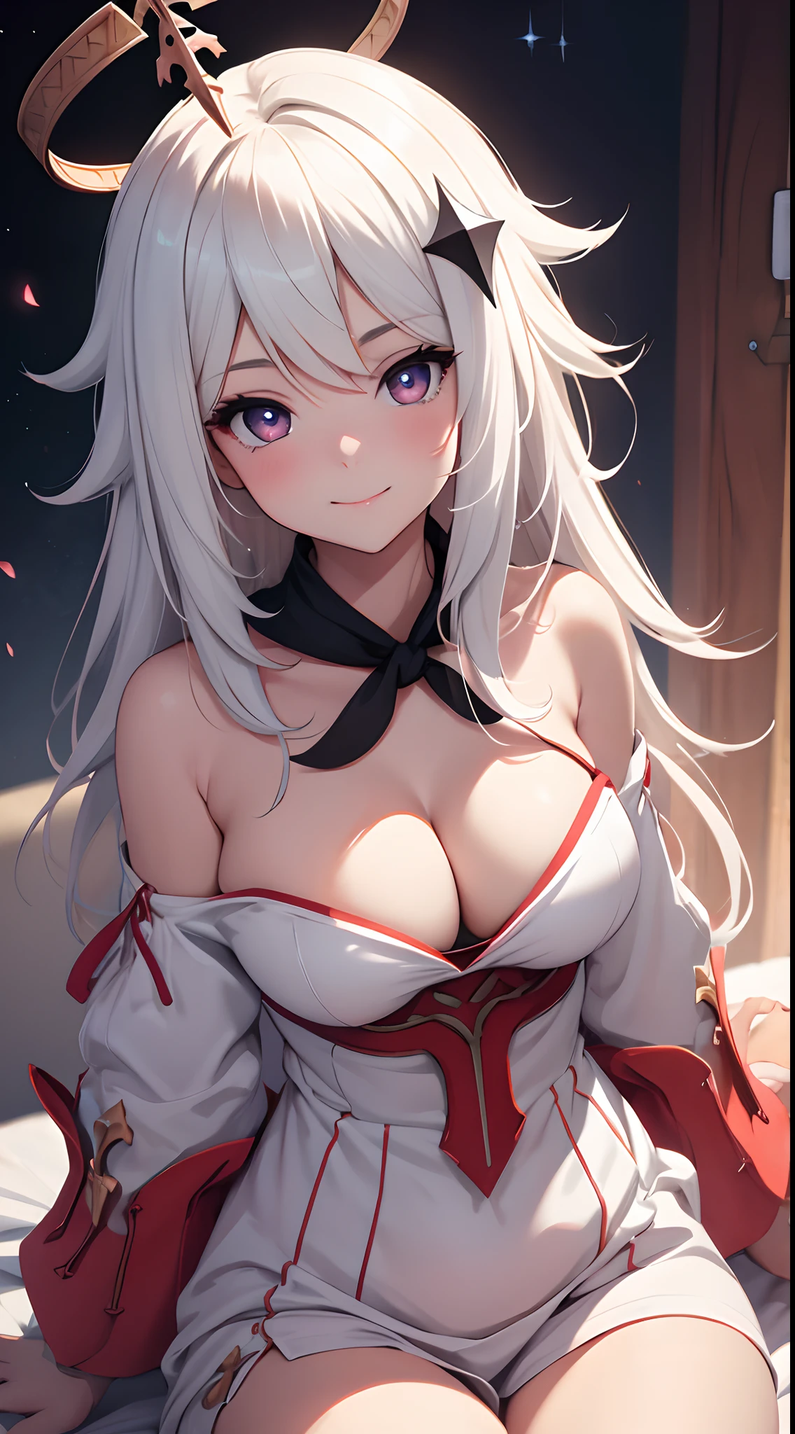 one-girl，the original god，Paimon，cleavage，Be red in the face，Close-up shot，sportrait，looks into camera，ssmile，White clothes，mediuml breasts