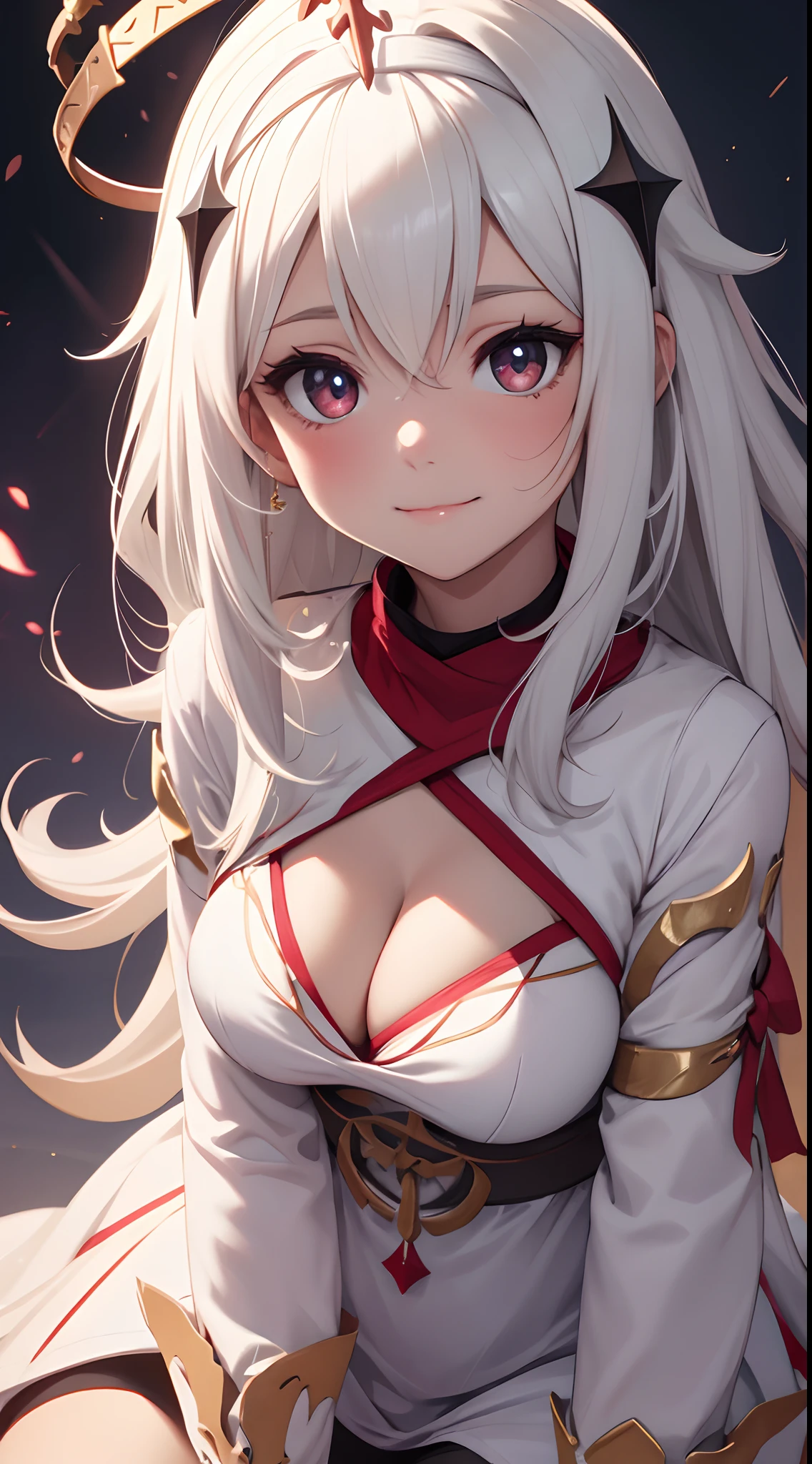 one-girl,the original god,Paimon,cleavage,Be red in the face,Close-up shot,sportrait,looks into camera,ssmile,White clothes,mediuml breasts
