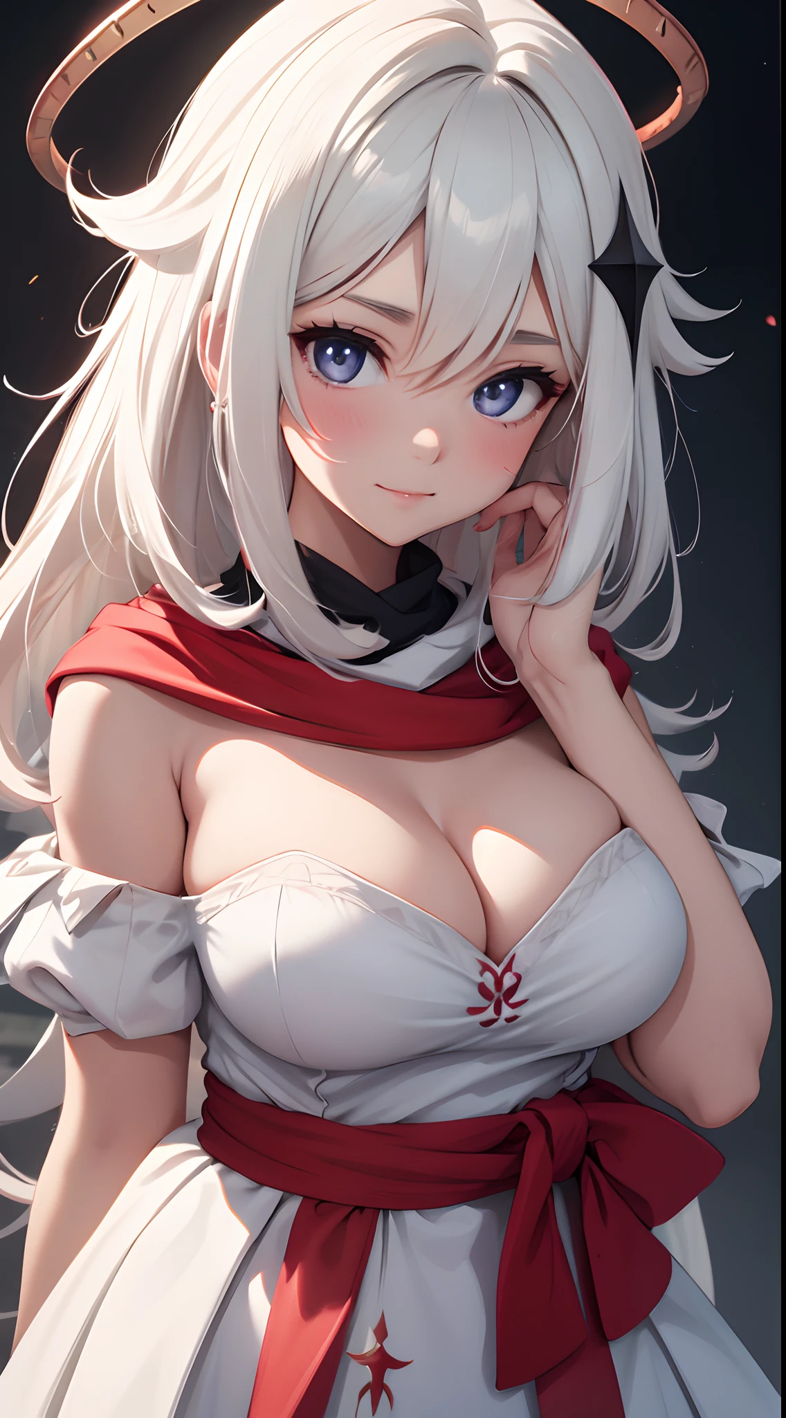 one-girl，the original god，Paimon，cleavage，Be red in the face，Close-up shot，sportrait，looks into camera，ssmile，White clothes，mediuml breasts