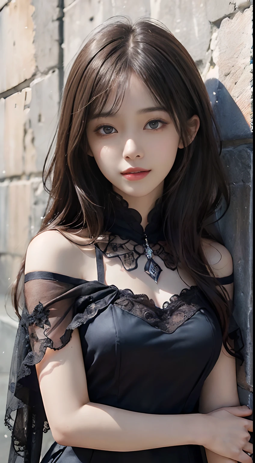 (ultra-realistic realism)、(illustratio)、(A high resolution)、(8K)、(The is very detailed)、(Best Illustration)、(Beautifully detailed eyes)、(top-quality)、(ultra - detailed)、(tmasterpiece)、(the wallpaper)、(A detailed face)、独奏、1 girl in、looking at viewert、finedetail、A detailed face、in the darkness nigth、deep shading、low tune、pureerosfaceace_V1、A smile、Long、Black shawl straight hair、46-point diagonal bangs, (silk dress、long skirt)(cropped shoulders)The view of the castle、、Stand against the wall